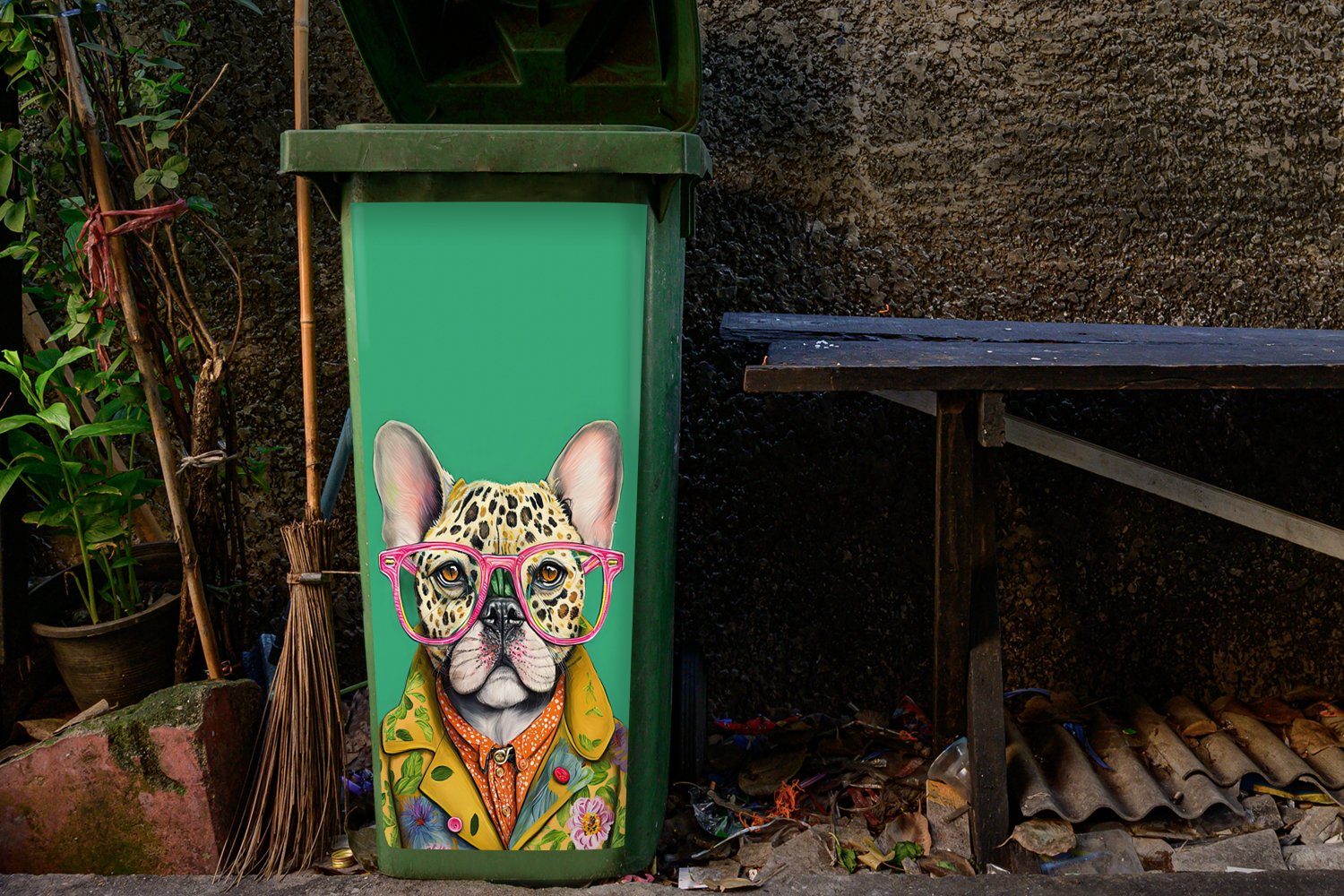MuchoWow (1 St), Sticker, Bulldogge Abfalbehälter - Mülleimer-aufkleber, Hund Mülltonne, Tiere - Wandsticker Design Brille - Container, -