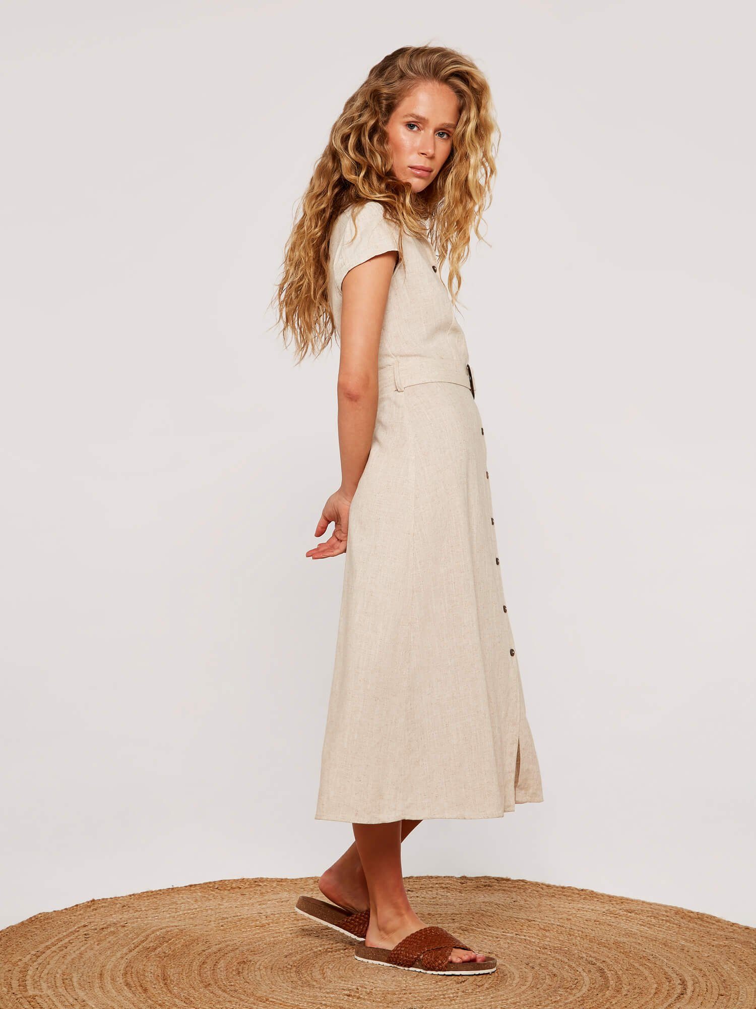 Apricot Midikleid Vintage-Knopfkleid (mit Gürtel) mit Gürtel