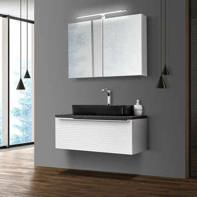 Lomadox Badmöbel-Set LARCIANO-56, (Spar-Set, 3-St), Eiche dunkel Waschbeckenschrank Spiegelschrank Beleuchtung Waschbecken