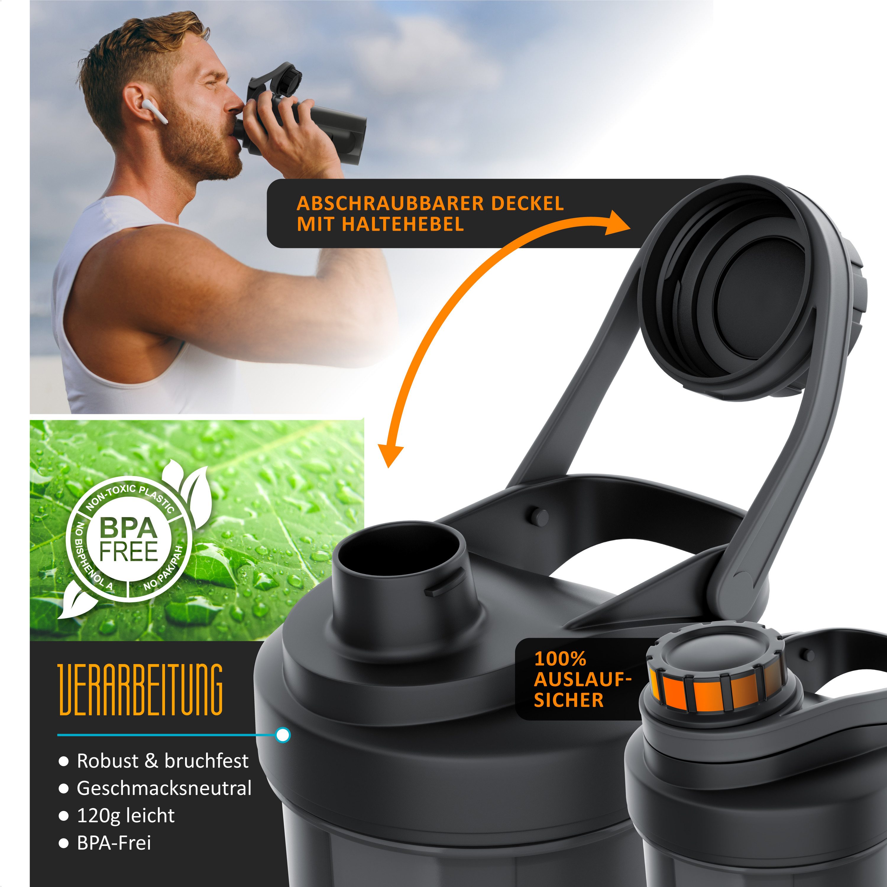 Arendo Protein Shaker Eiweißshaker 600 ml, verschließbar, spülmaschinengeeignet, BPA Frei, Kunststoff, (1-tlg., Shaker inkl. Mixball), Eiweiß Mixbecher mit Mixball, für unterwegs, Yoga, Fitness, Sport