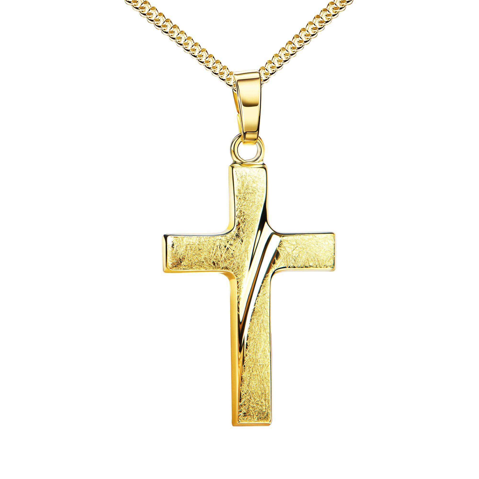JEVELION Kreuzkette Kreuz Anhänger eismattiert 333 Gold - Made in Germany (Goldkreuz, für Damen und Herren), Mit Halskette vergoldet- Länge wählbar 36 - 70 cm.