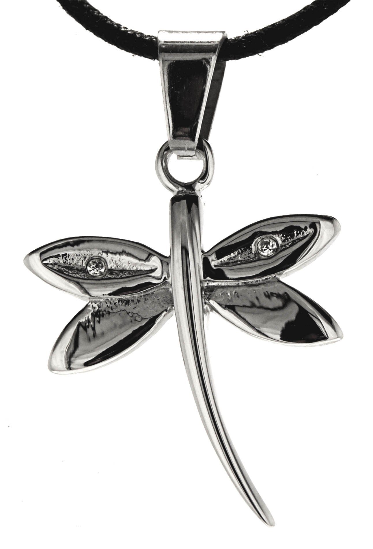 Kiss of Leather Kettenanhänger Libellen Anhänger aus Edelstahl mit weißen Glitzersteinen