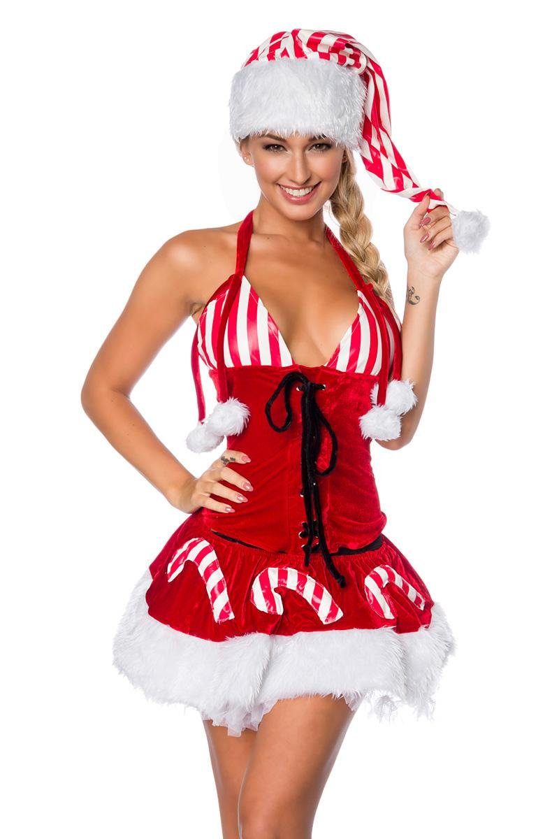 ohne Label Kostüm »3-tlg. Weihnachts Kostüm "Zuckerstangen" aus Samt  Christmas Set X-Mas Valentinstag Outfit: Xmas Corsage, Rock, Mütze, rot weiß «