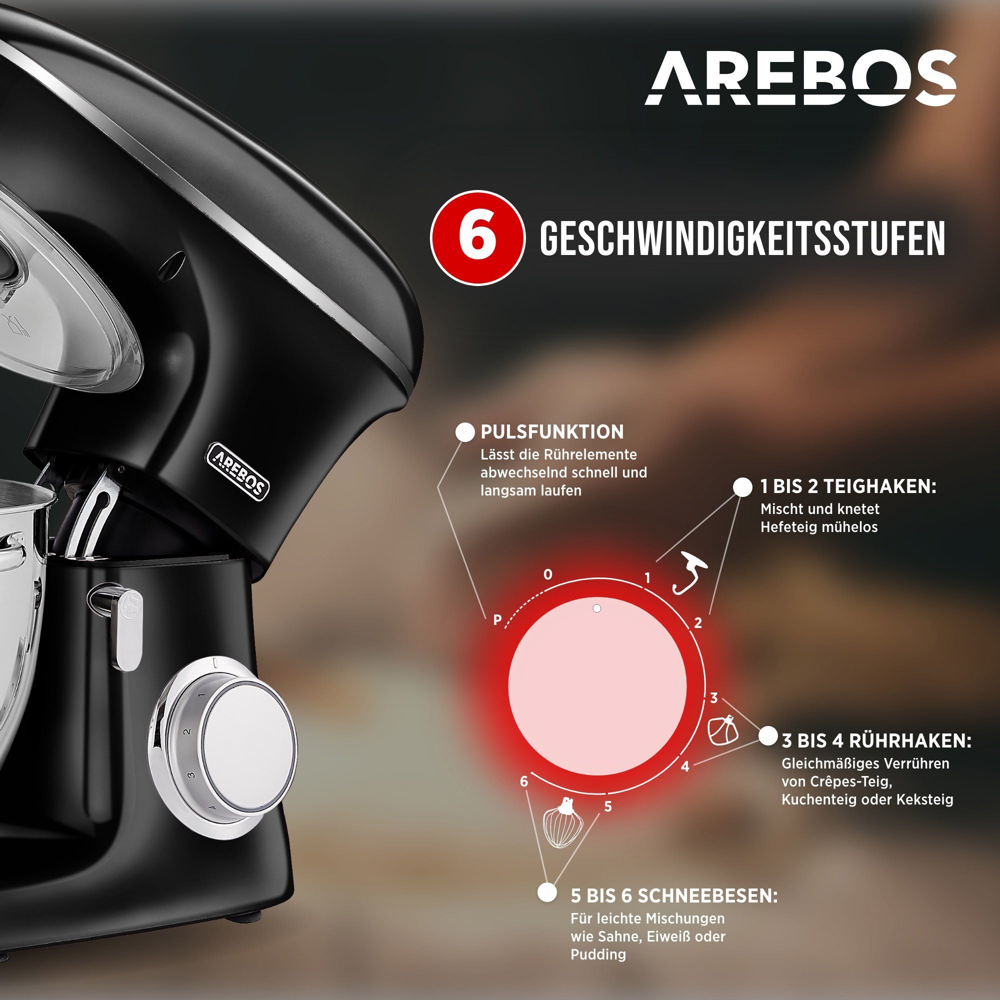 Arebos Küchenmaschine Edelstahl-Rührschüssel, 8,00 Schüssel 1500 6 W, Geschwindigkeiten, schwarz l
