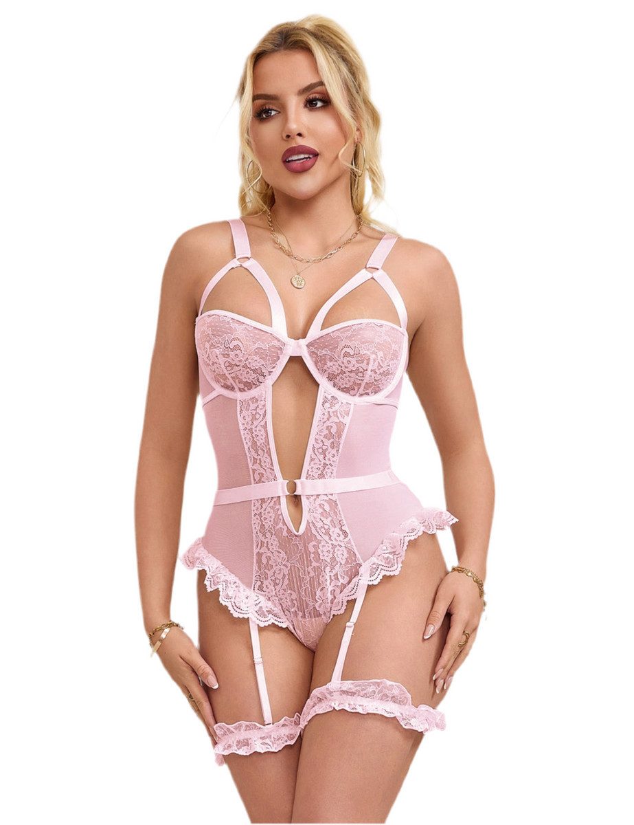 Lau-Fashion Body Unterwäsche mit Strapse Teddy Damen Dessous Spitze Reizwäsche S/XL