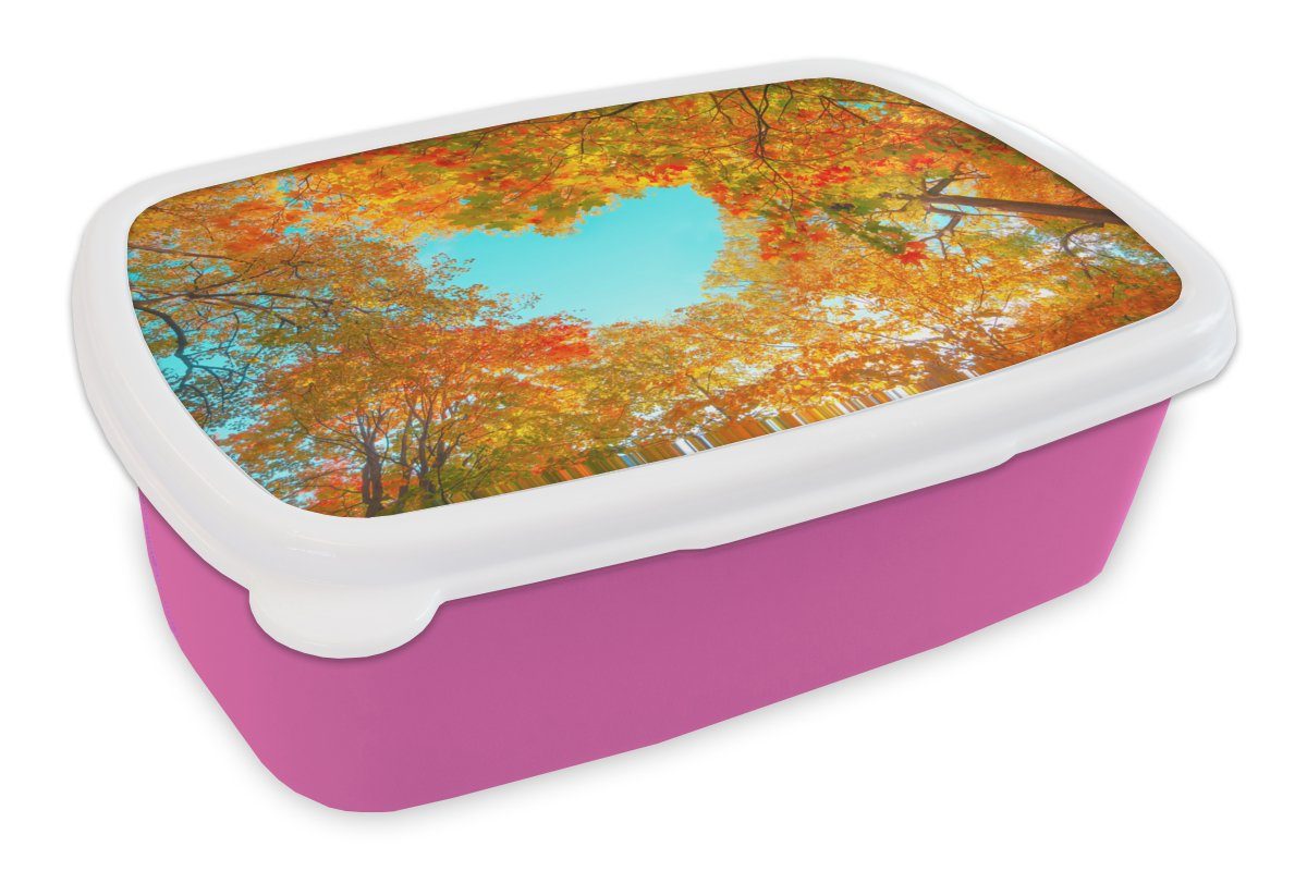 MuchoWow Lunchbox Bäume - Herbst - Herz - Natur - Orange - Herz, Kunststoff, (2-tlg), Brotbox für Erwachsene, Brotdose Kinder, Snackbox, Mädchen, Kunststoff rosa