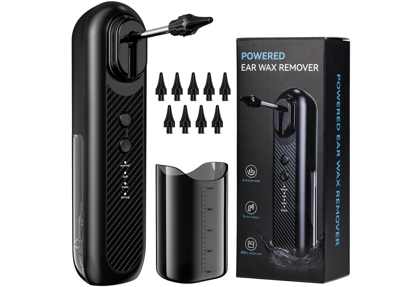 AIBISTAR Ohrenreiniger Elektrischer Ohrenreiniger Set,Ohrenschmalzentferner mit 4 Modi,IPX7, Set 14-tlg., tragbarer Ohrenreiniger, 2000mAh,200 ml Wassertank,klappbare Düse,10 Düsenaufsätze (5+5)