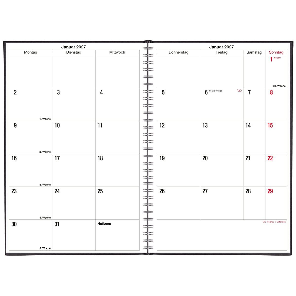 GÜSS Kalender Buchkalender Monatsübersicht A5 1 Monat/2 Seiten Wire-O-Bindung schwarz 2027