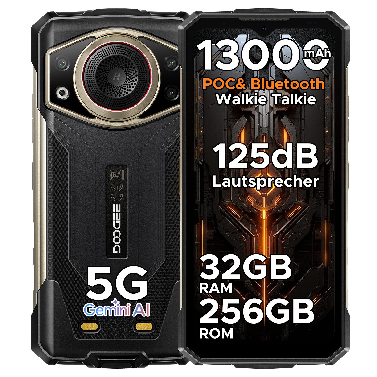 DOOGEE FIRE7ULTRA 5G Android15 13000mAh 256 GB, Outdoor Handy 6.56'' Smartphone (6.56 Zoll, 256 GB Speicherplatz, 64 MP Kamera, Bluetooth-/POC-Gegensprechanlage, SOS/PTT-Tasten, 125dB-3,5W)