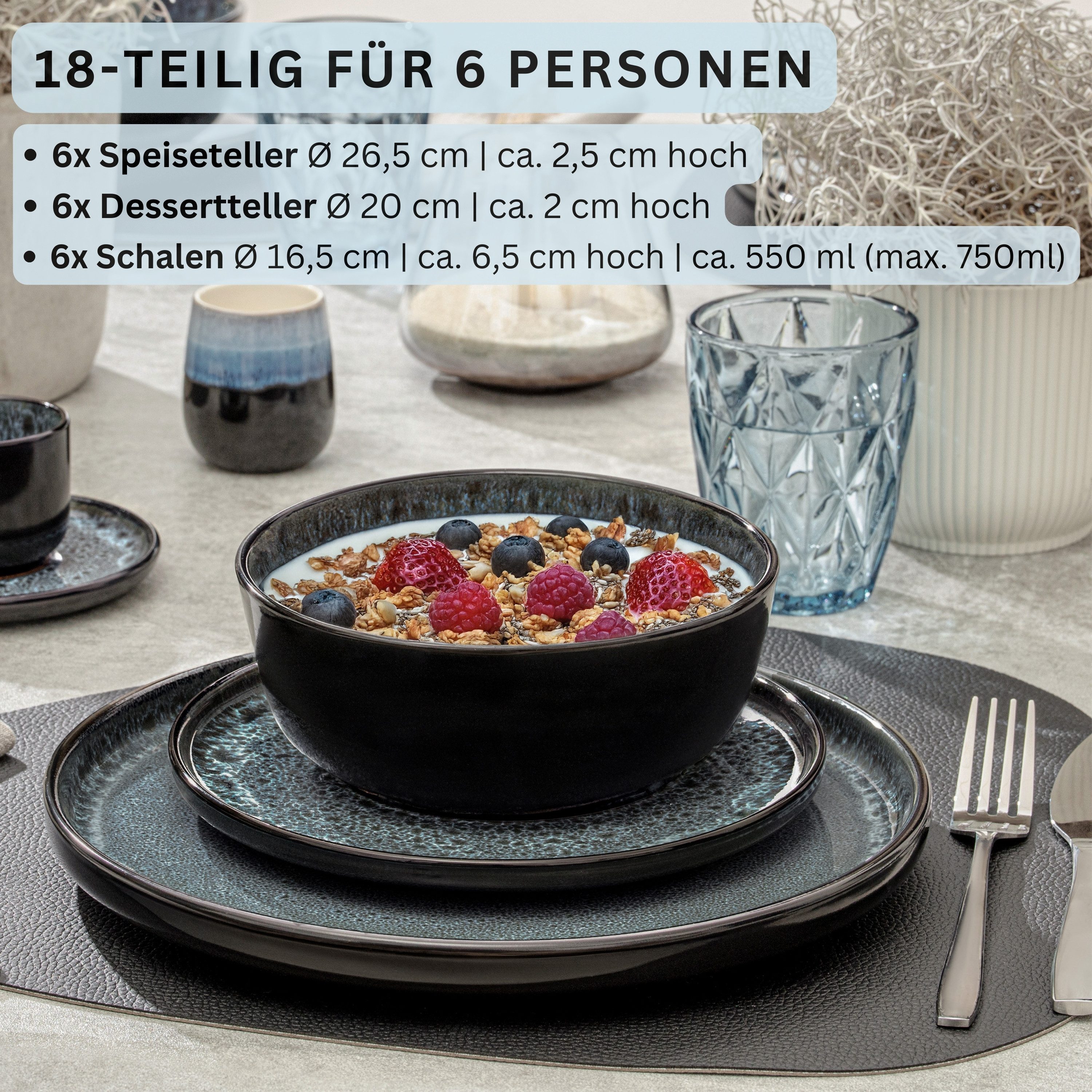 SÄNGER Tafelservice Manila Geschirrset (18-tlg), 6 Personen, Steingut, Blau-Schwarz, Handmade, Erweiterbar, VALUE COLLECTION