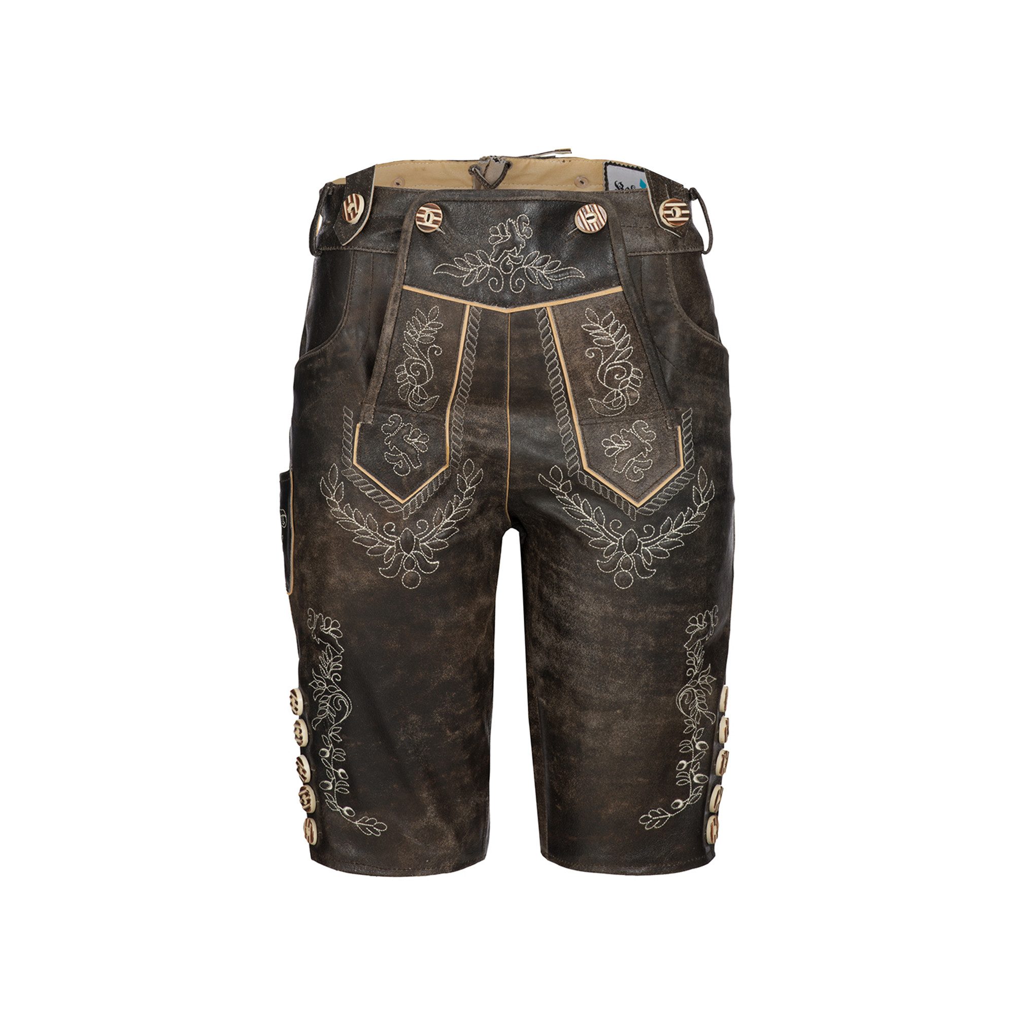 BOHMBERG Trachtenlederhose Damen Lederhose knielang Echtleder Antik Braun mit Hosenträgern