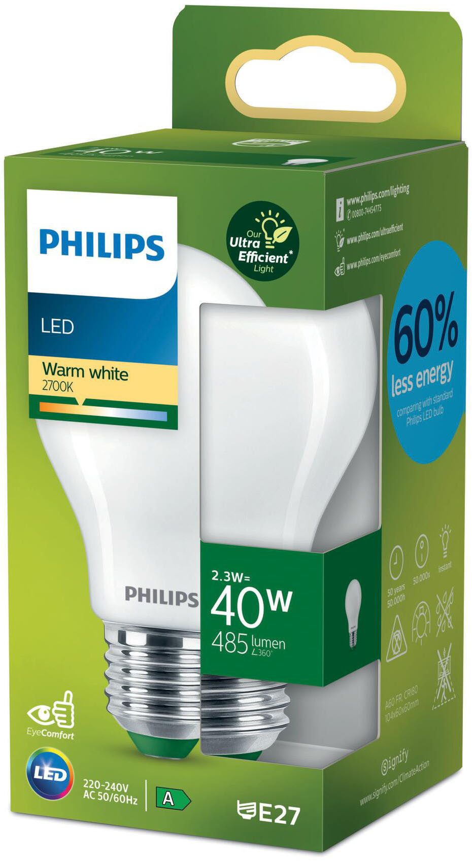 Philips Hue LED-Leuchtmittel Classic LED-A-Label Lampe 40W E27 matt warmweiß nicht dimmbar, E27