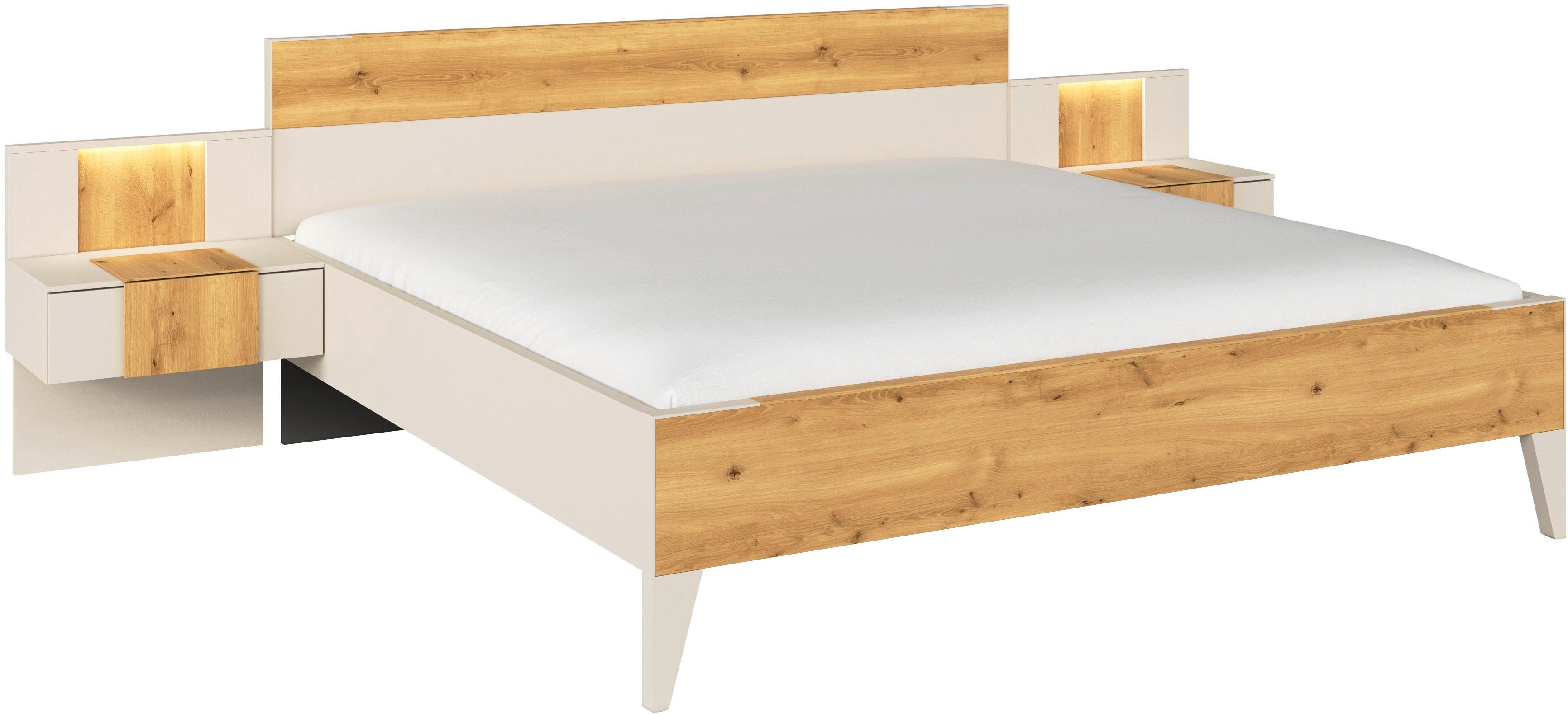 rauch Bettanlage Bett Doppelbett Komfortbett Schlafzimmer Nachttische KONA, (Set, 5-tlg., Bett 180x200 oder 200x200, 2x Hängenachttisch, 2x Paneele mit Bel), Absetzung Asteiche massiv, inkl. SOFT-CLOSE-FUNKTION MADE IN GERMANY