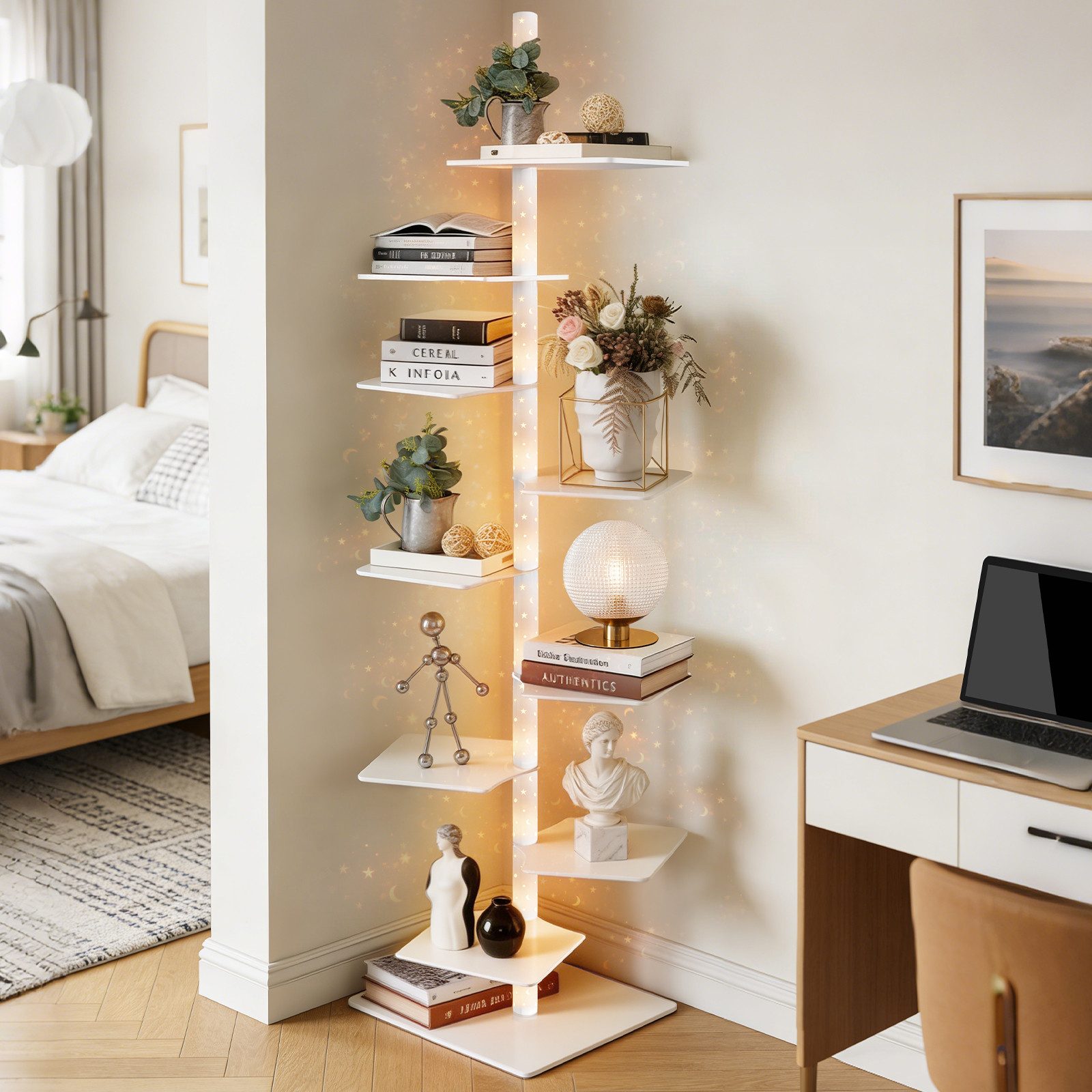 XERSEK Bücherregal 9 Ebenen Bücherturm mit LED-Sternenlicht & Drehbaren Regalen, Weiß, 1.8m Metall Standregal, für Wohnzimmer Schlafzimmer Büro