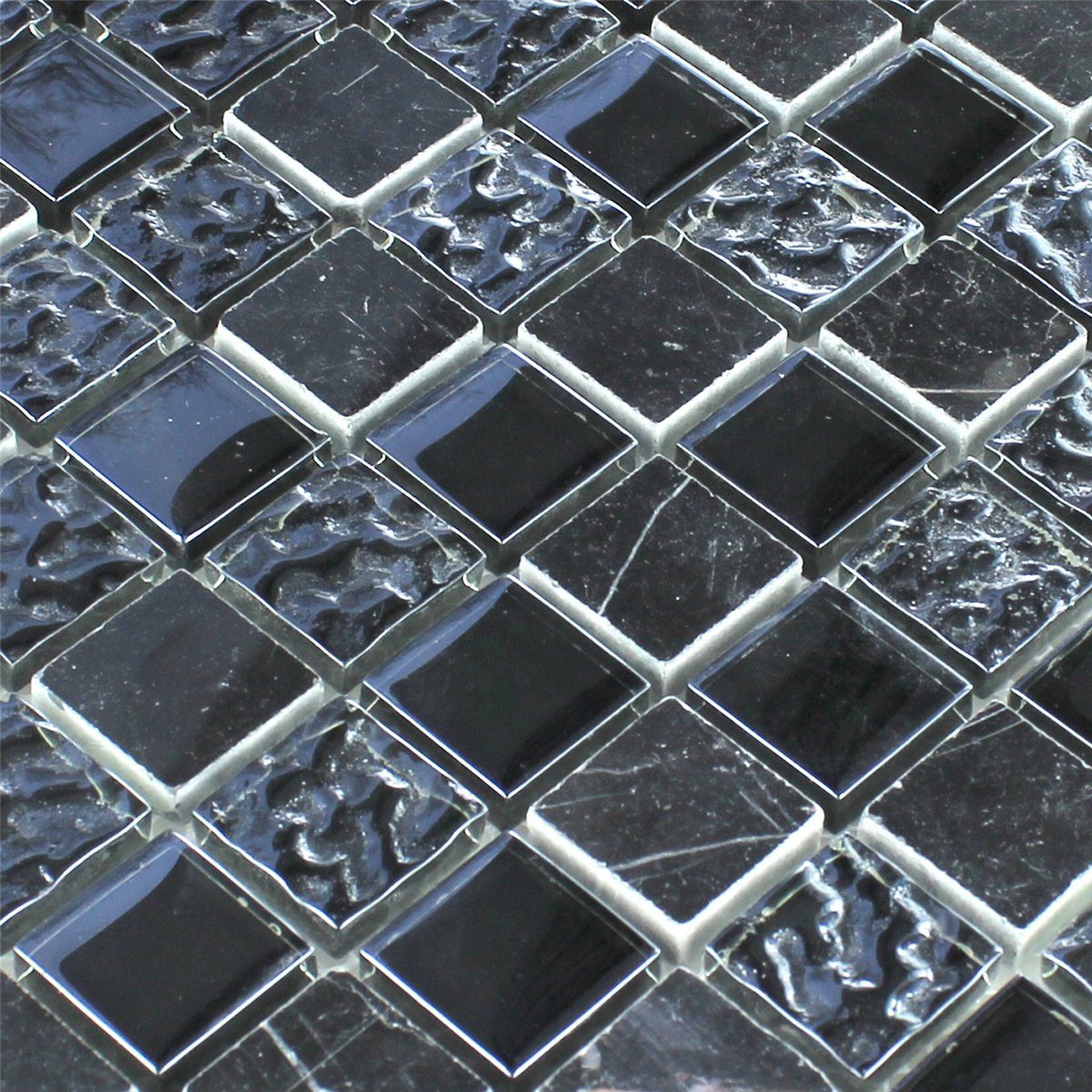 Mosafil Mosaikfliesen Mosaikfliesen Glas Marmor Naturstein Helsinki Schwarz Geriffelt 25, Naturstein-Glas 32.700x30.200, schwarz, Verlegefertig auf ein Netz geklebt - Wasserfest