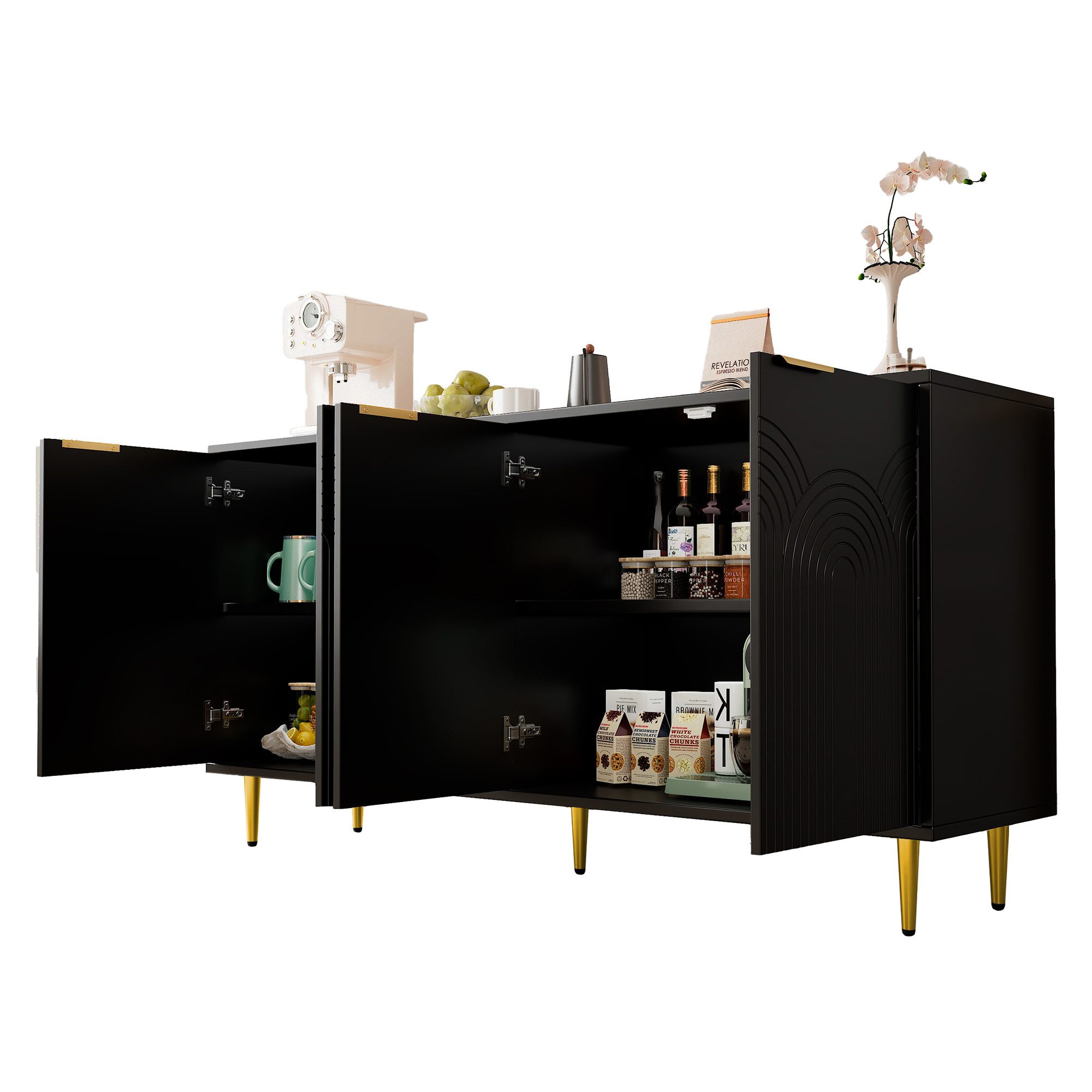 Refined Living Sideboard Kommode mit 4 Türen,Aufbewahrungsschrank,Buffetschrank mit Stauraum (maße 160×80×40 cm (B×H×T), Wohnzimmerschrank mit Goldene Gebürstete Griffe und Hochglanz Tischbeine Komodenschrank, 1 St), für Flur,Wohnzimmer,Eingangsbereich,Wohnung,Schlaf-/Esszimmer,Büro