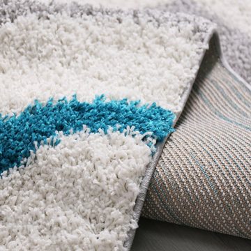 Hochflor-Teppich Wohnzimmer Teppich, Vimoda, Rechteckig, Höhe: 30 mm, Shaggy, kariert, Pflegeleicht, dicht, Grau, blau