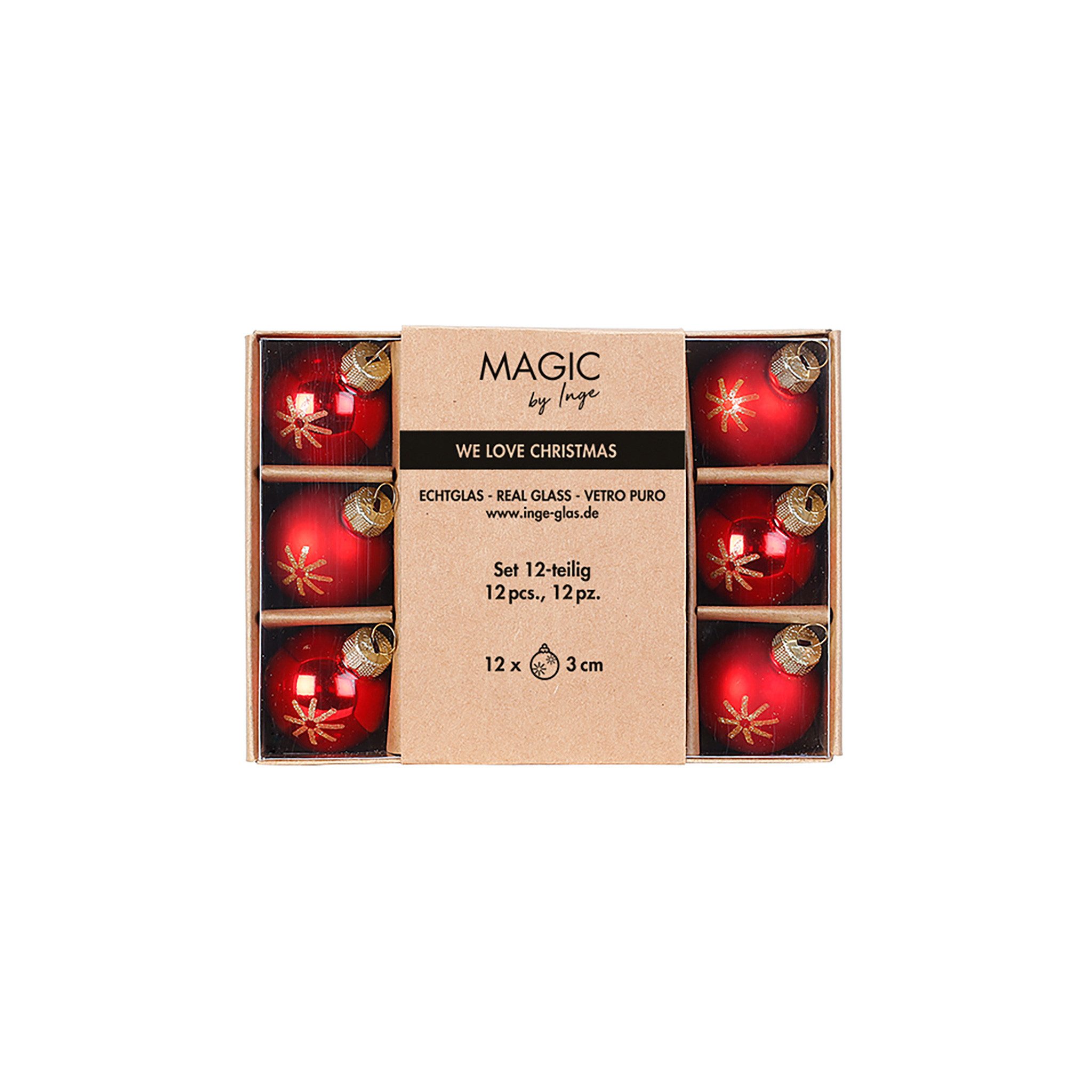 MAGIC by Inge Weihnachtsbaumkugel, Weihnachtskugeln Glas 3cm Schneeflocken Motiv 12er Set Merry Red