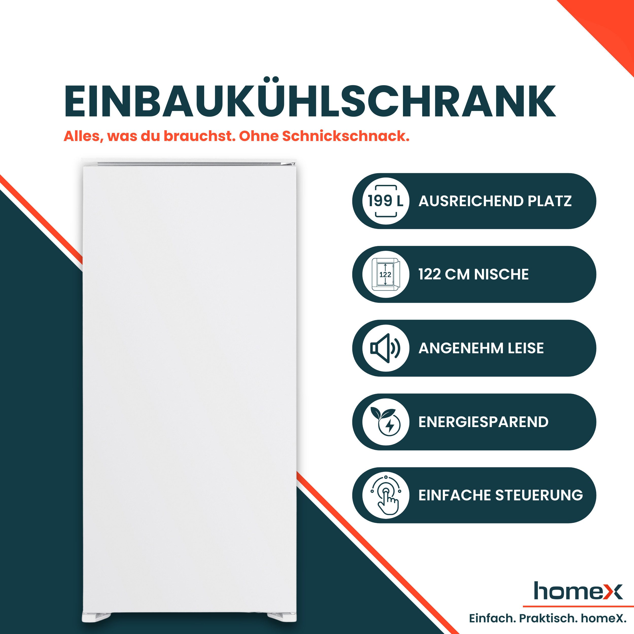 homeX Einbaukühlschrank CB1991E, 123 cm hoch, 54 cm breit, 199 Liter, ohne Gefrierfach, 122cm hoch, Schlepptürtechnik, 39 dB