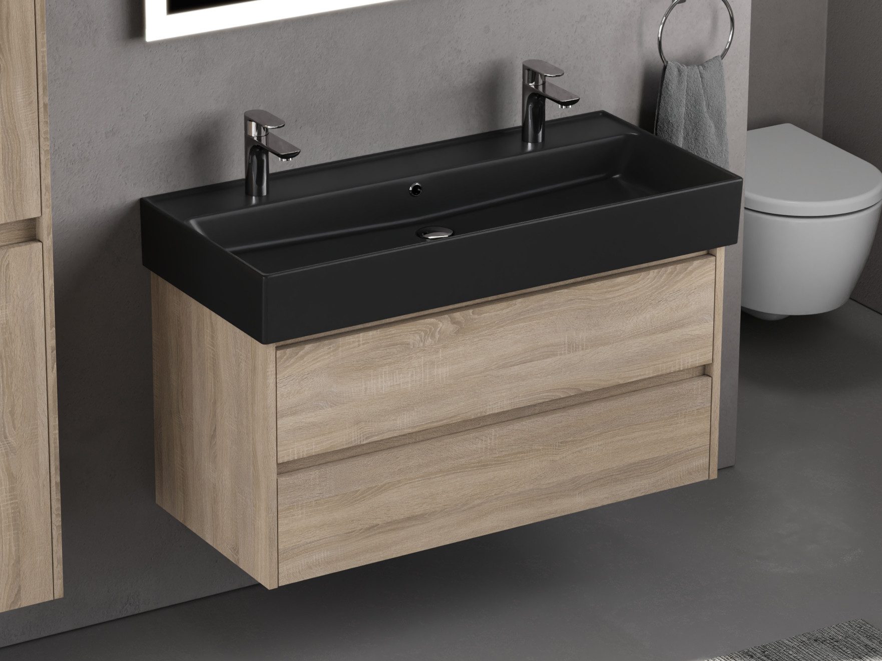 Aqua Bagno Badmöbel-Set Duo Waschplatz 100 cm Doppelwaschtisch MDF Eiche Gold 2 Schubladen, (vormontiert, 2-St., Badmöbelschrank melaminbeschichtet, Keramikwaschbecken schwarz), einfache Montage, Badschrank