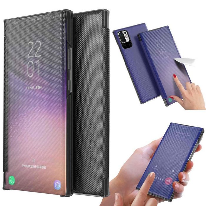 Wigento Handyhülle Design Carbon Clear View Spiegel Mirror Smartcover für Xiaomi Redmi Note 10 5G Schutzhülle Cover Etui Tasche Hülle Neu Case