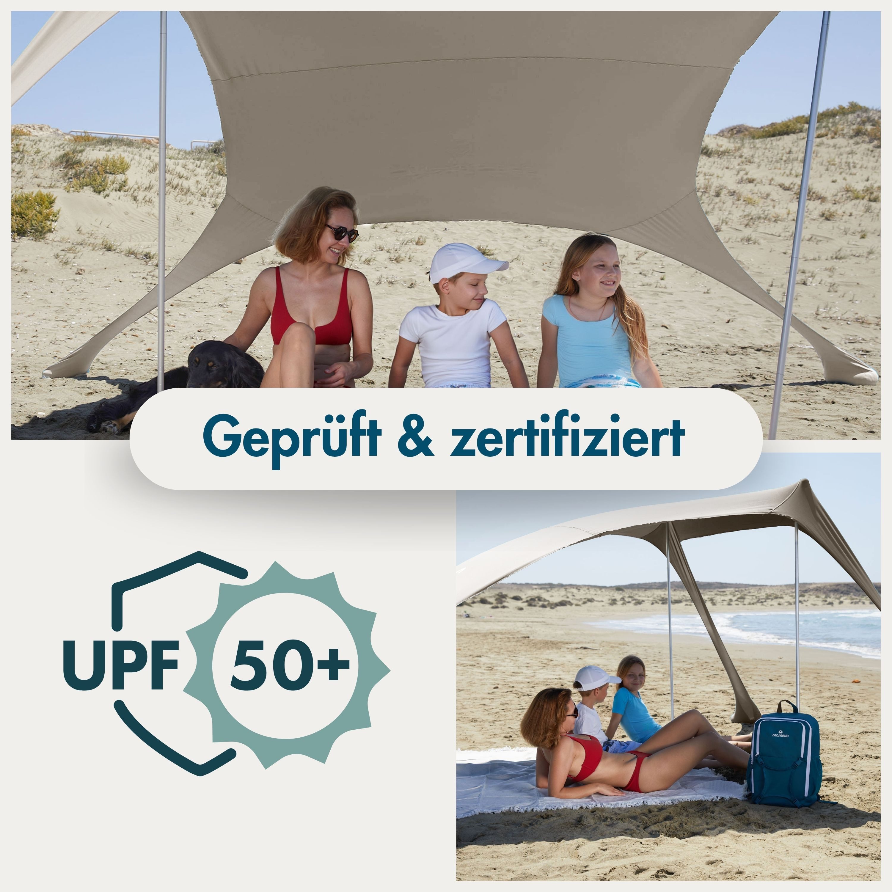 Momevo Strandmuschel Strandzelt mit UV Schutz 50+, zertifiziert für Kinder, Baby, Familien, Personen: 4