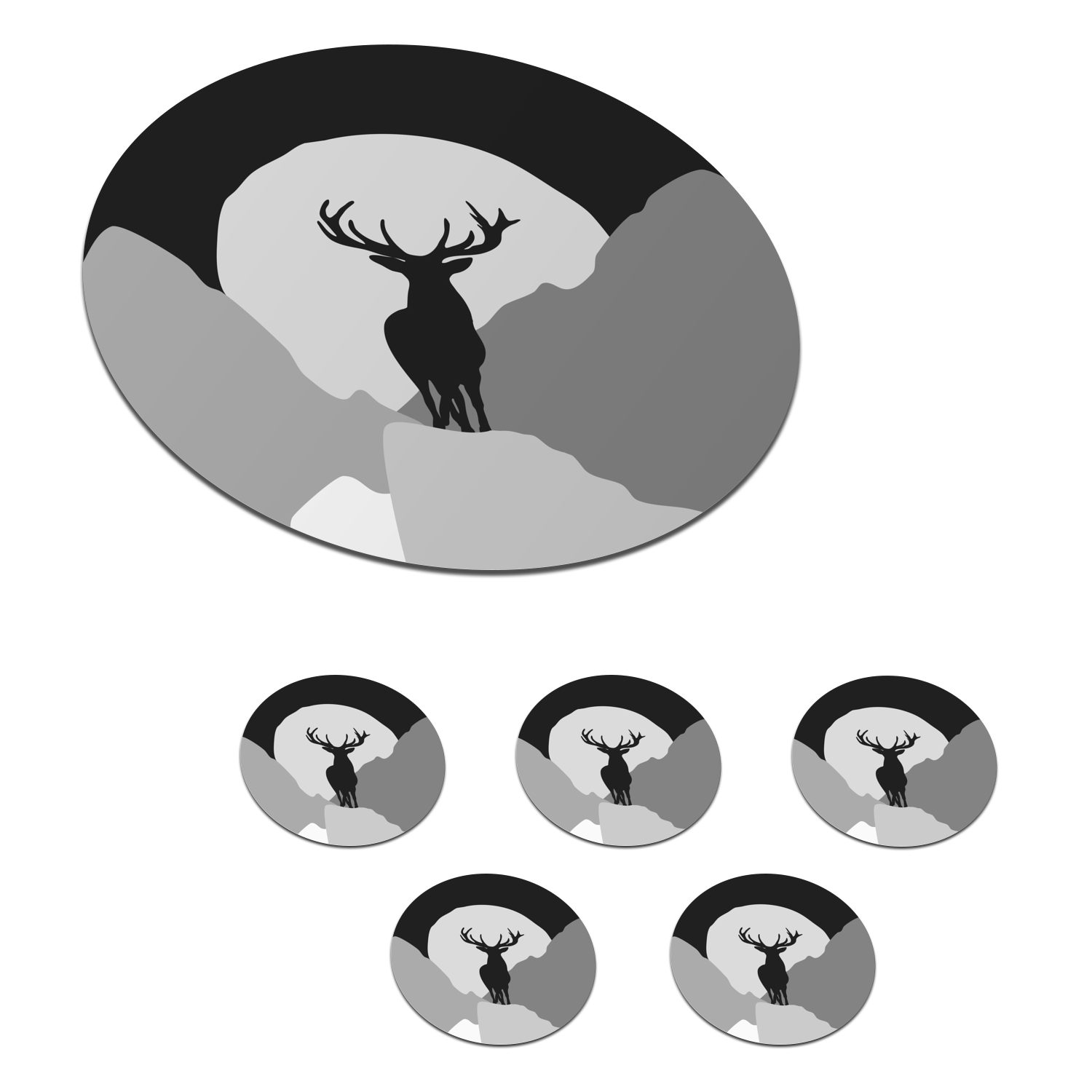 MuchoWow Glasuntersetzer Hirsch - Mond - Schwarz - Weiß, Zubehör für Gläser, 6-tlg., Getränkeuntersetzer, Tassenuntersetzer, Korkuntersetzer, Tasse, Becher