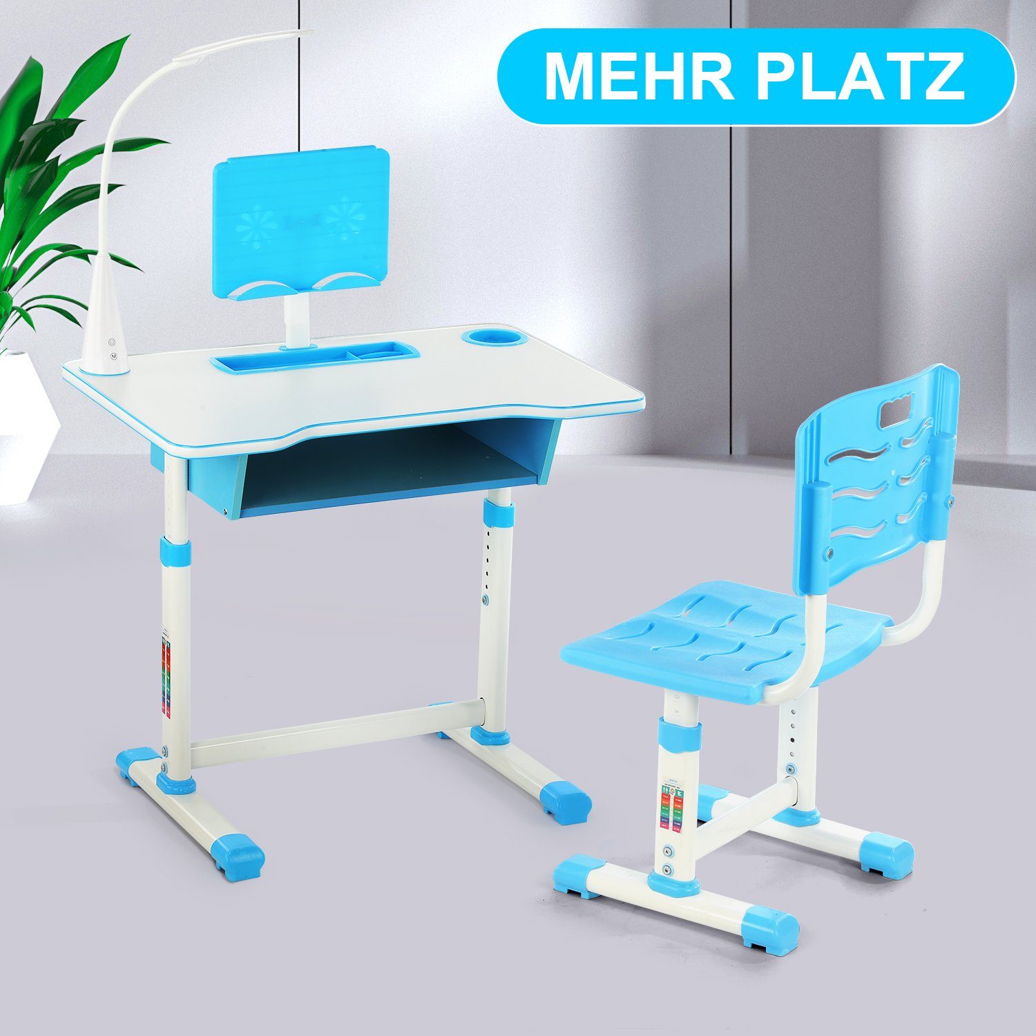 Jungs Blau- Mädchen mit Schreibtisch Stuhl höhenverstellbarer Kinderschreibtisch Bücherständer, & Set, mit Schülerschreibtisch lamp & Schublade, LETGOSPT für Kinder Kindertisch