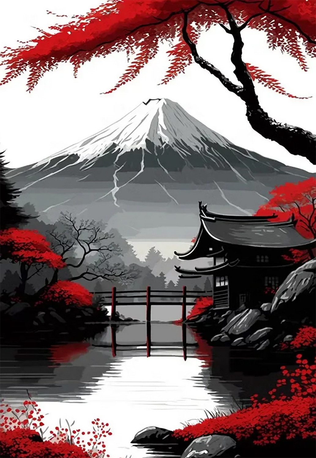 TPFLiving Kunstdruck OHNE RAHMEN, Japanische Landschaften, Berge und Tempel - (Leinwandbild XXL), Farben: Farben: Rot und schwarz - Größe: 20x30cm