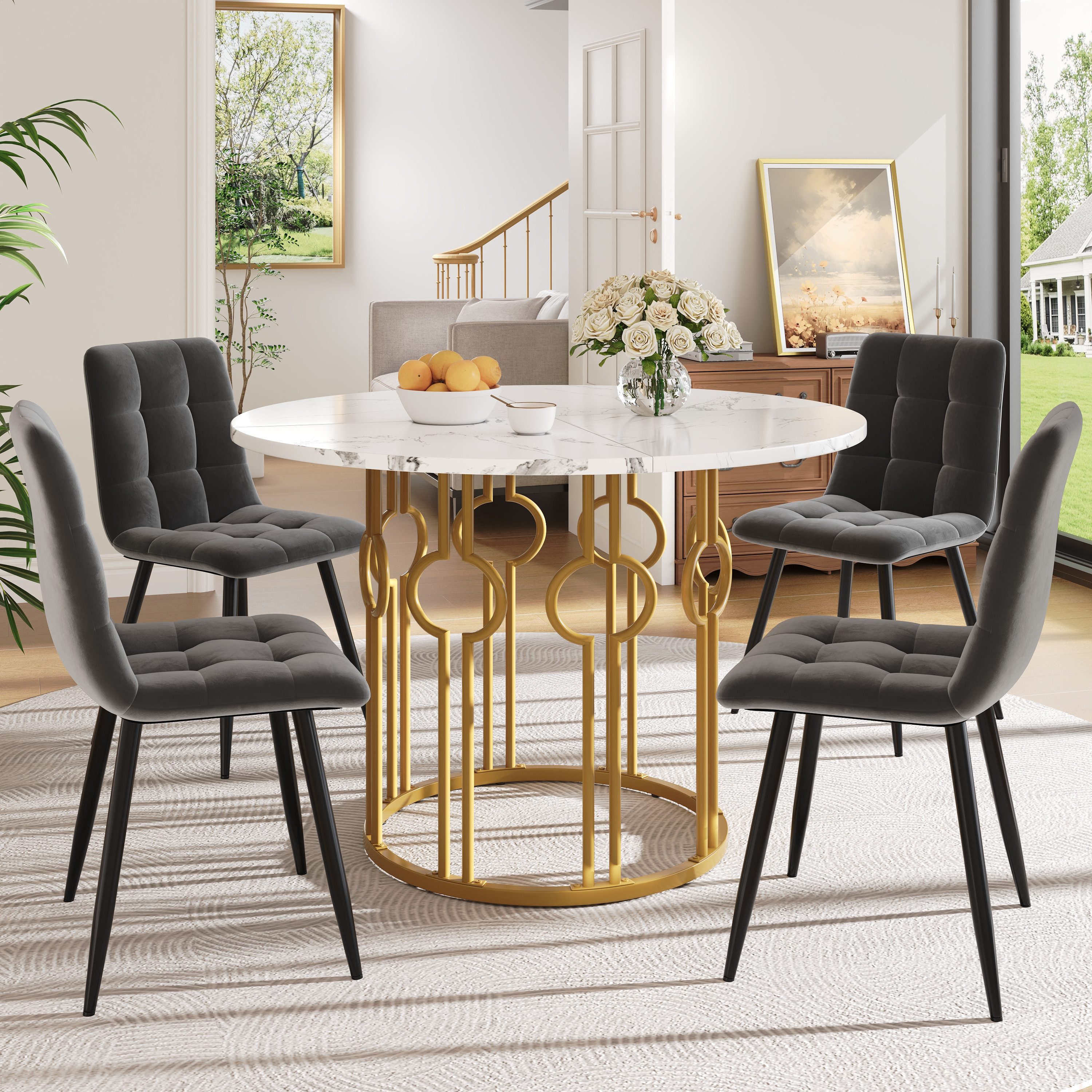 HAUSS SPOLE Essgruppe 5tlg Esstisch mit 4 Stühlen aus grau Samt, goldenen Metallbeinen, (5-tlg., 100*100*76cm)