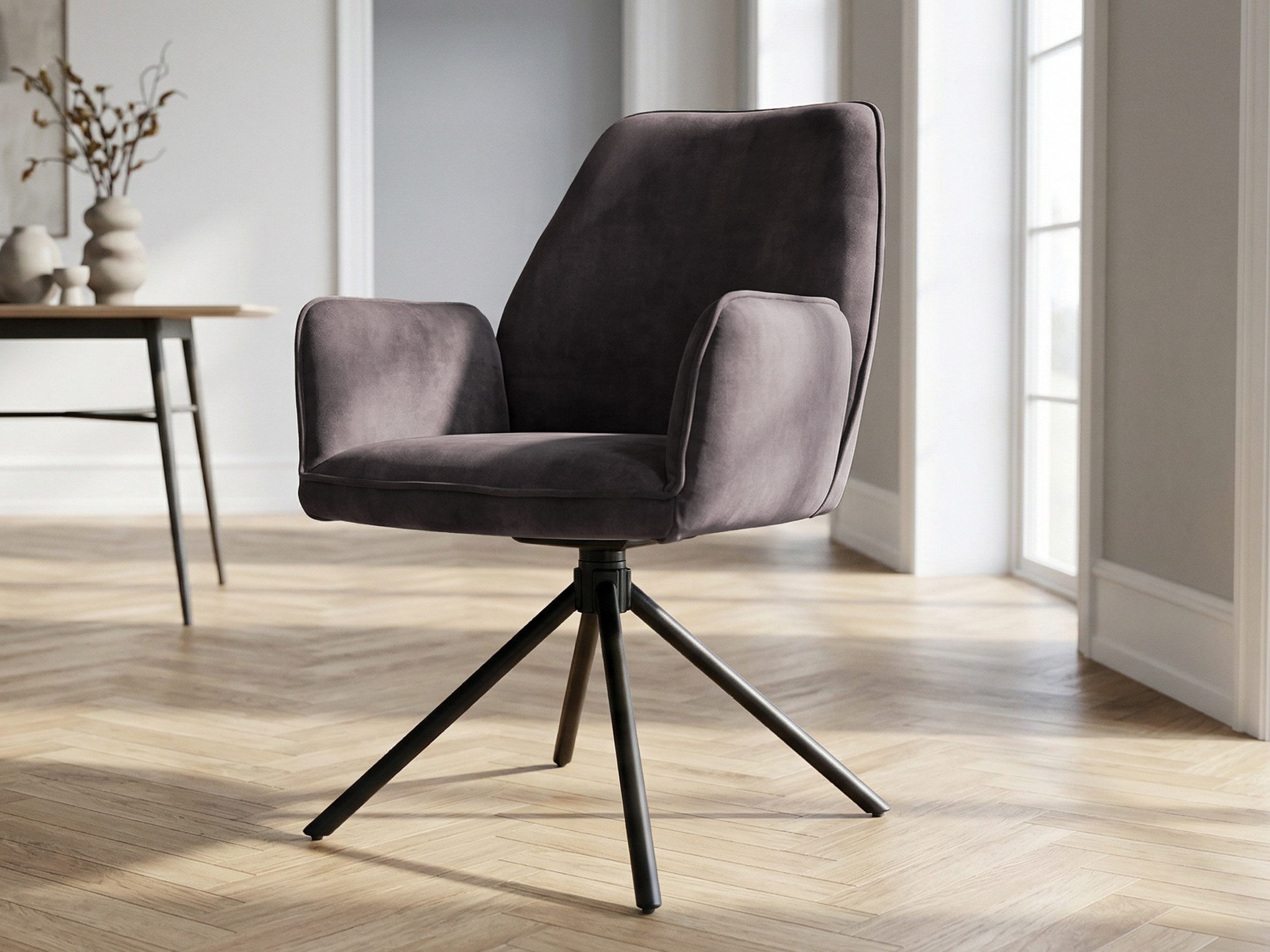 Massivart® Polsterstuhl drehbar, Esszimmerstuhl mit Armlehnen, »Ottawa«, Velouroptik • Metallgestell schwarz • mit Nivellierung