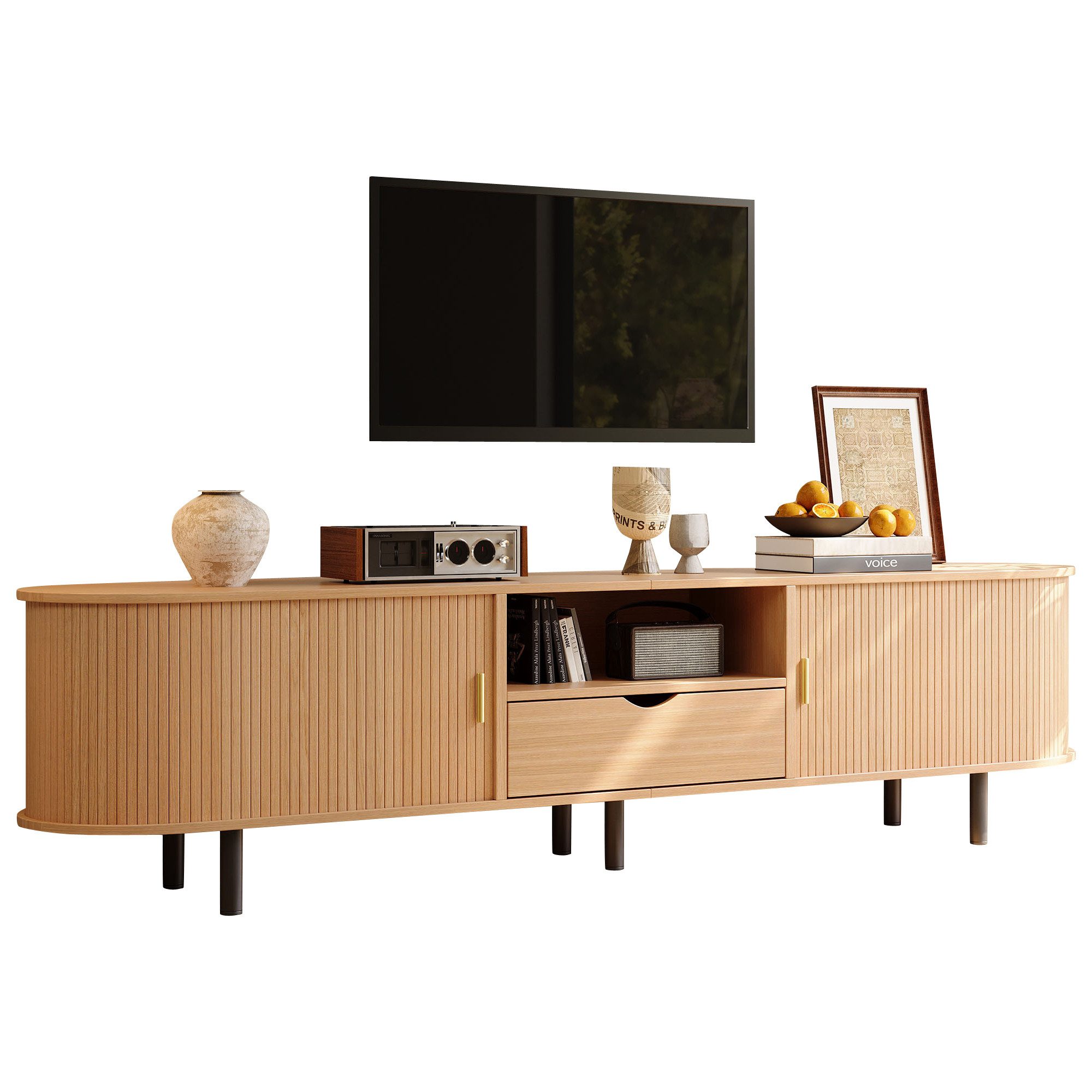 Merax Lowboard in Holzoptik, Fernsehtisch 175×40×55cm (1 St), TV-Schrank mit Rollo-Tür, Schublade & offenen Fächern