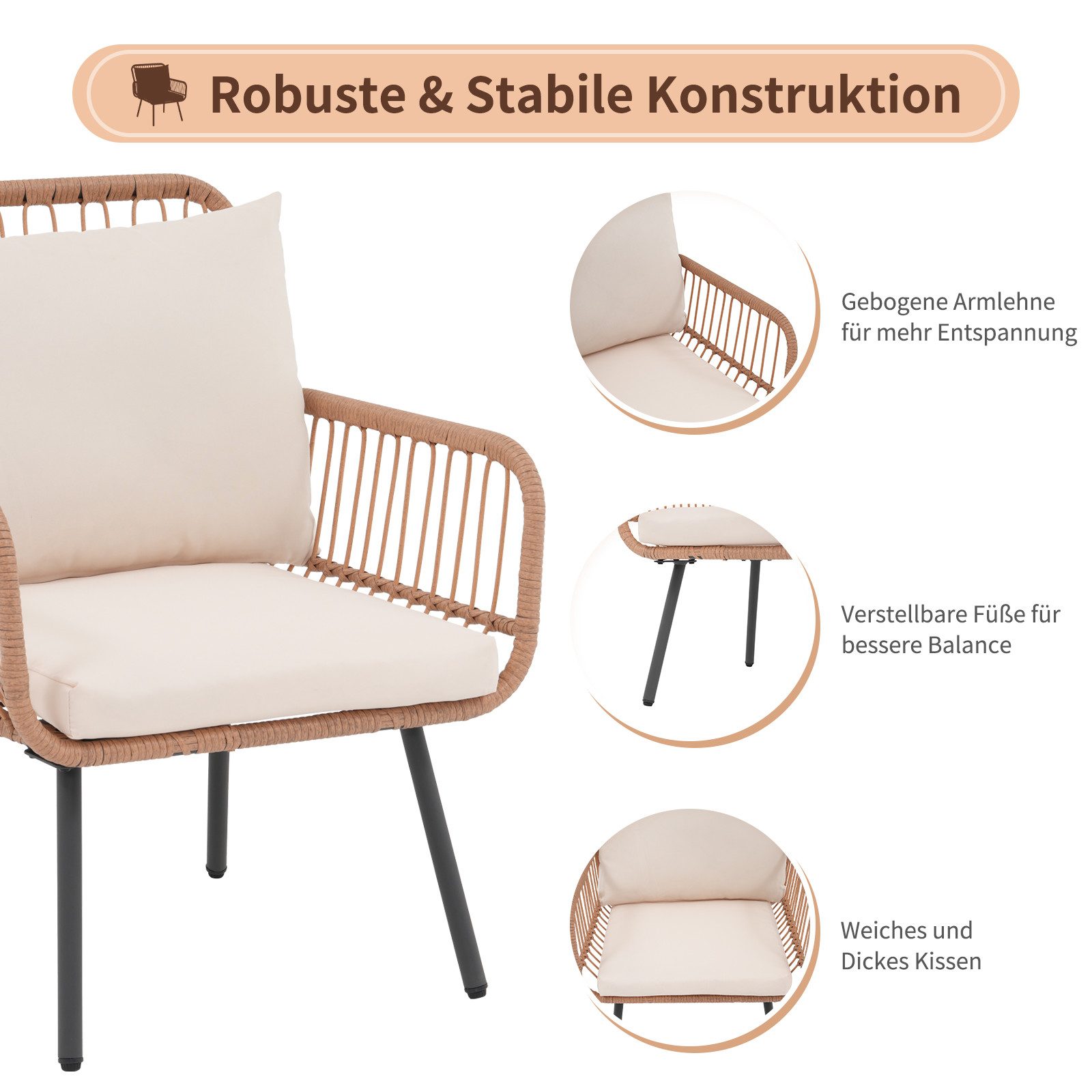 JOIVI Balkonset Bistro Set, Outdoor Rattan Balkon Set, Terrasse Outdoor Möbel Set, (mit Kissen, Couchtisch mit Glasplatte), für Balkon, Garten, Terrasse, Hinterhof, Beige Rattan & Weiß Kissen
