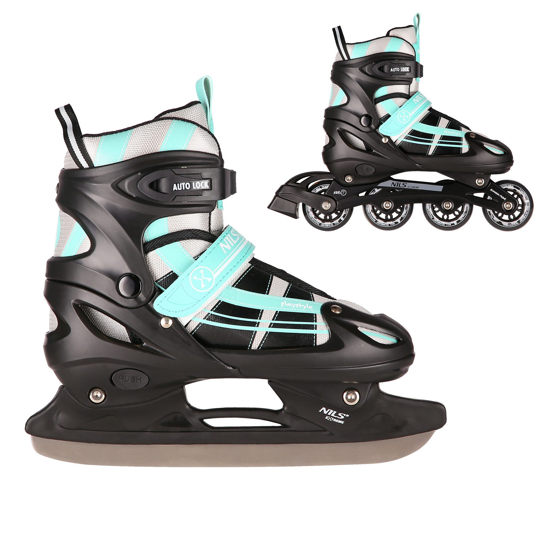 NILS EXTREME Inlineskates 2-IN-1 Inliner Schlittschuhe Rollschuhe wechselbare Kufen, Verstellbare Größe