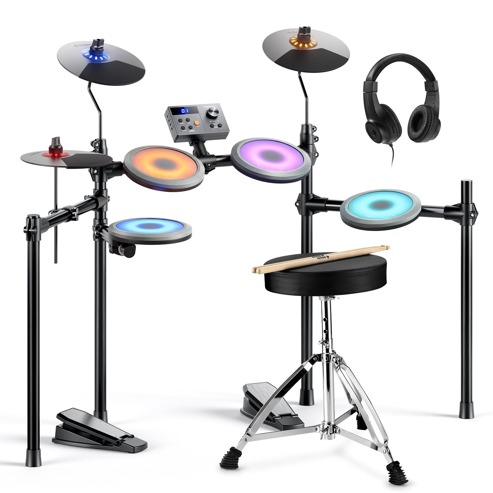 Donner E-Drum DED-70 Upgraded E-Drum Kit 150 Töne 15 Schlagzeug-Kits+ Unterricht,Komplettset, Sitzhocker, Kopfhörer, Integrierte Effekte, …