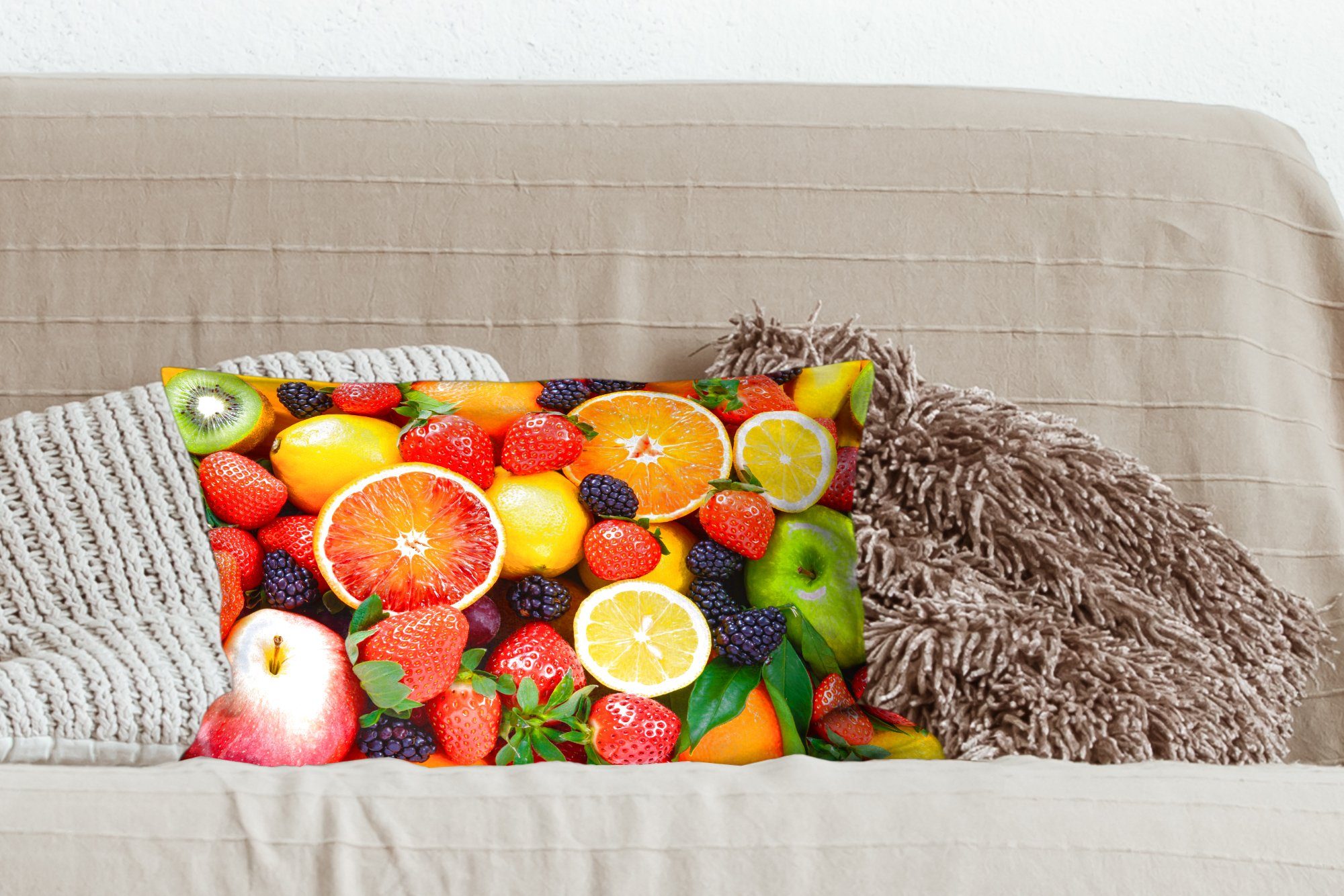 Zitrone Schlafzimmer - Obst, Dekokissen Wohzimmer Dekoration, MuchoWow - Erdbeere mit Füllung, Zierkissen, Dekokissen