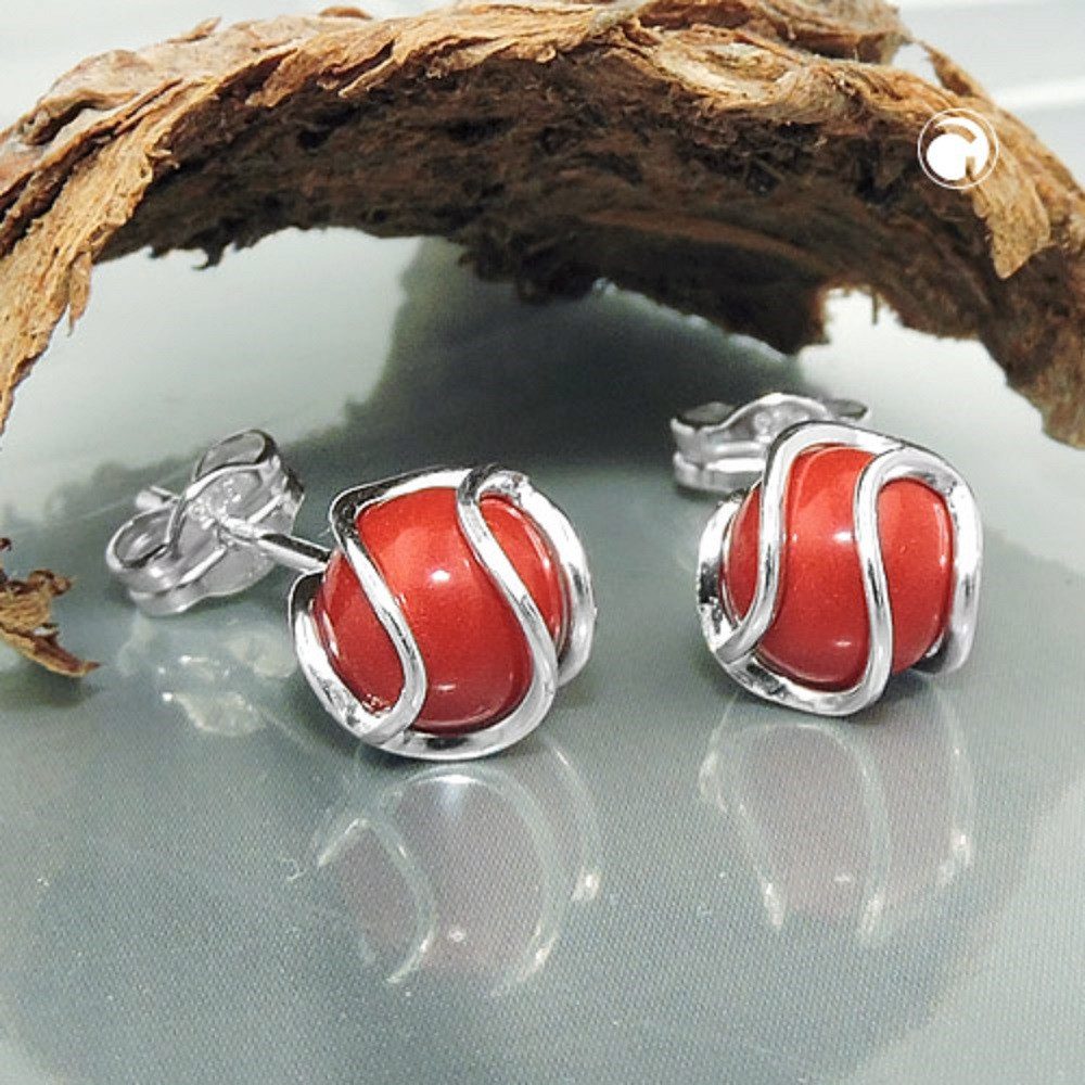unbespielt Paar Ohrstecker Ohrringe Koralle 7 mm rot matt umwickelt 925 Silber kl. Schmuckbox, Silberschmuck für Damen