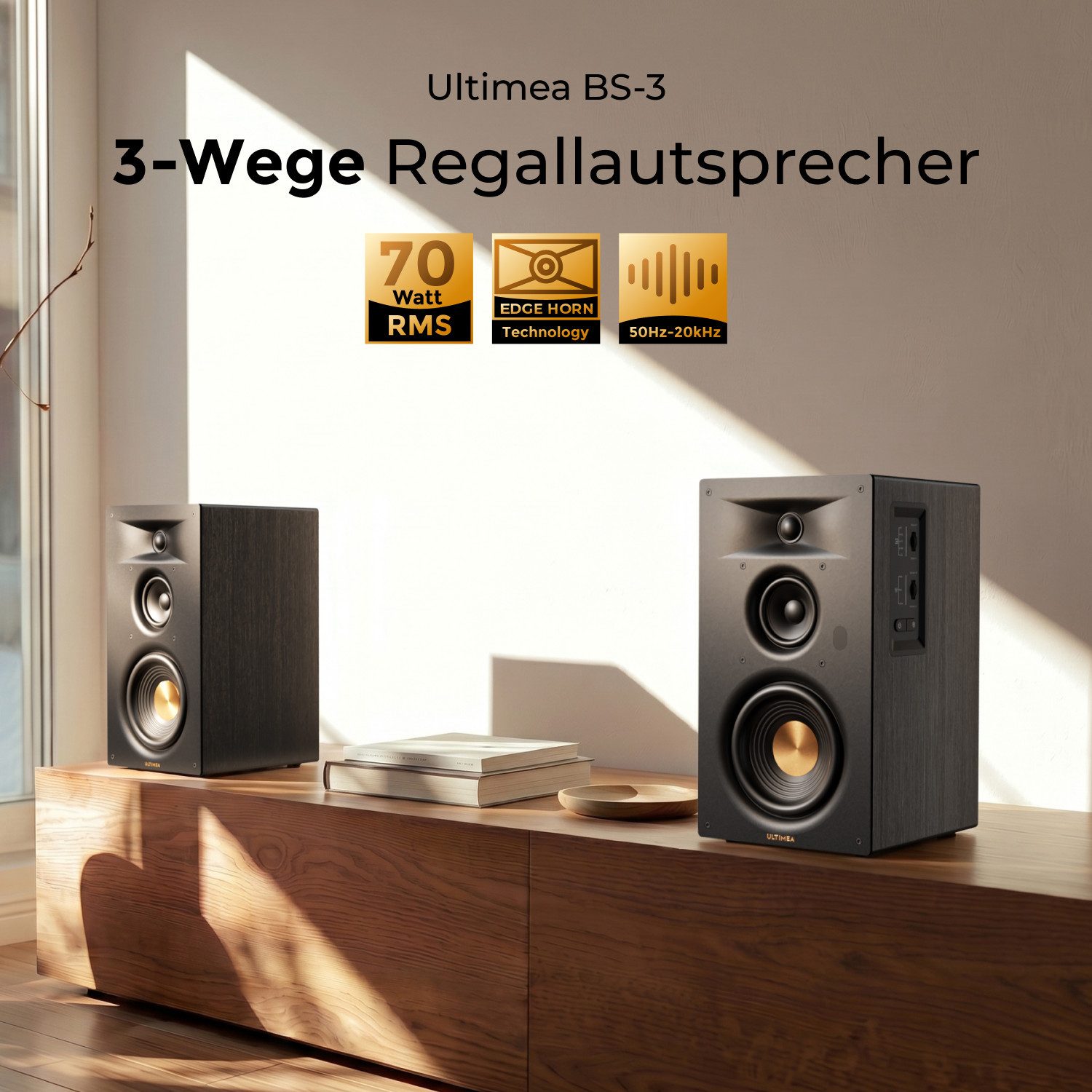 Ultimea BS-3 3-Way Bookshelf Speakers Regal-Lautsprecher Edge Horn & BassMX (Bluetooth 6.0, 70 W, 5,25'' Tieftöner, App, Heimkino, Auracast, Design ohne Frontgitter)