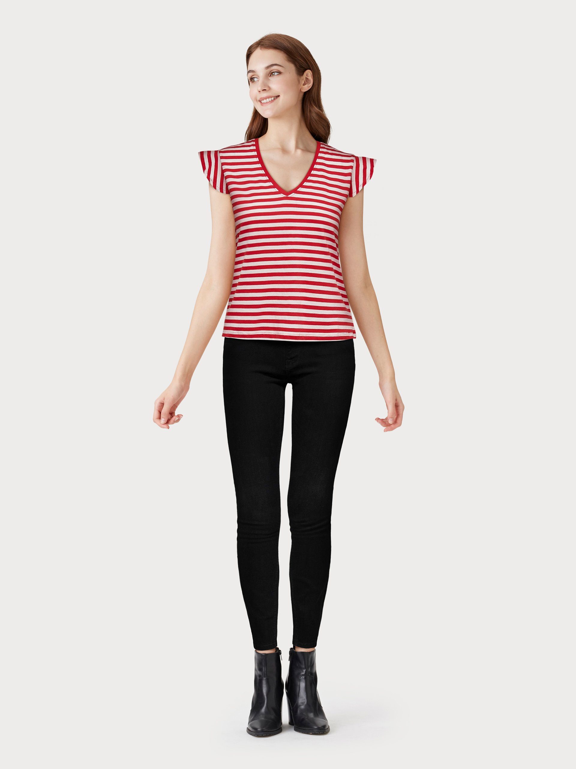 Urban V-NECK Red FRILL Stripes:Cloud TOP ONLMAY V-Shirt ONLY S/S dancer