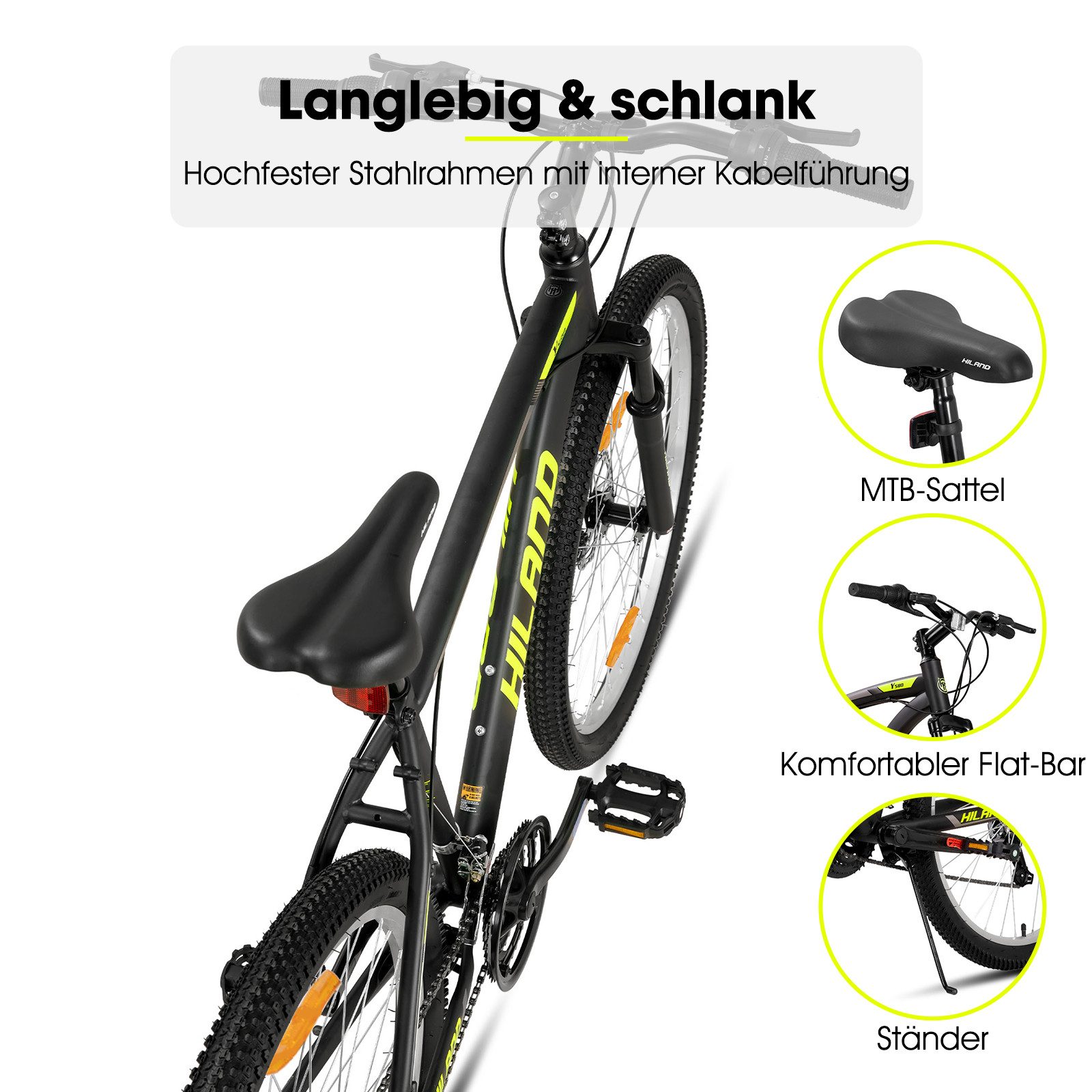 HILAND Mountainbike 26/27,5 Zoll MTB für Männer, Frauen, Student, Fahrräder für Gelände, Mit 18 Gang, Doppelte Scheibenbremsen, Federgabel, Fender