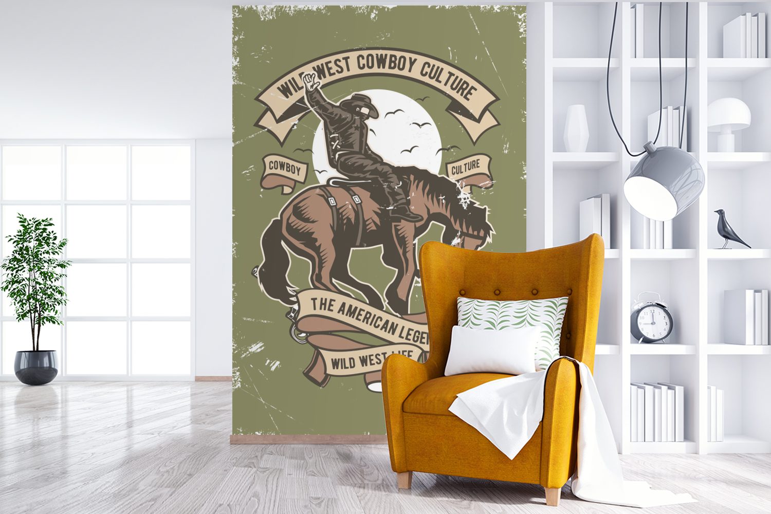 MuchoWow Fototapete Pferd - Cowboy Wohnzimmer, Montagefertig Wandtapete für Zeichnung, Vintage (3 - Matt, - bedruckt, Vinyl Tapete St)