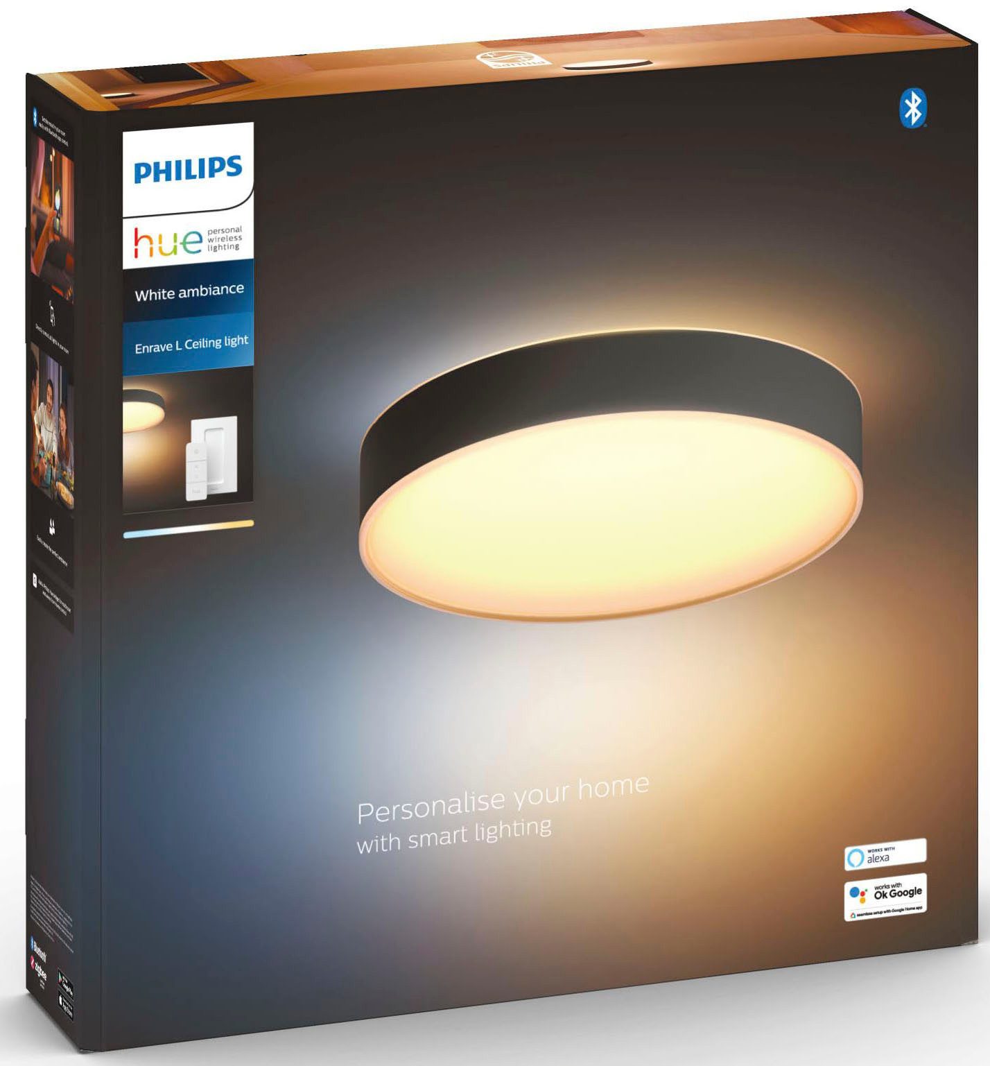 Philips Hue LED Deckenleuchte White Ambiance Enrave Deckenleuchte L, Abschaltautomatik, Bluetooth, CCT - über Fernbedienung, Dimmer, Dimmfunktion, Farbsteuerung, Fernbedienung, Infrarot inkl., Leuchtdauer einstellbar, Memoryfunktion, Nachtlichtfunktion, Smart Home, Timerfunktion, dimmbar über Fernbedienung, erweiterbar, mehrere Helligkeitsstufen, LED fest integriert, warmweiß - kaltweiß, inkl. Philips Hue Dimmschalter