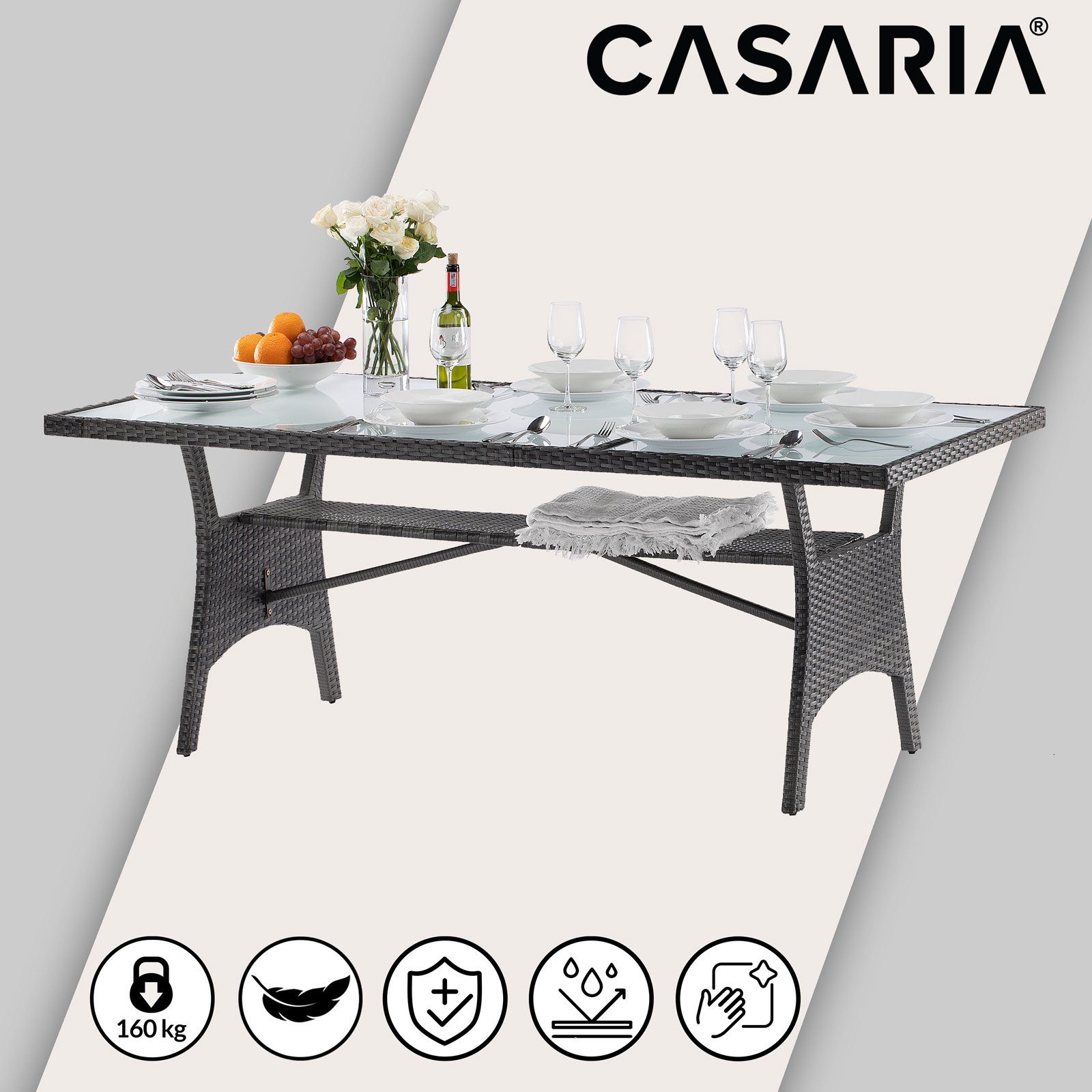 Ablage Casaria Grau (1-St), 190x90x74 Sicherheits mit Polyrattan cm Gartentisch Glasplatte