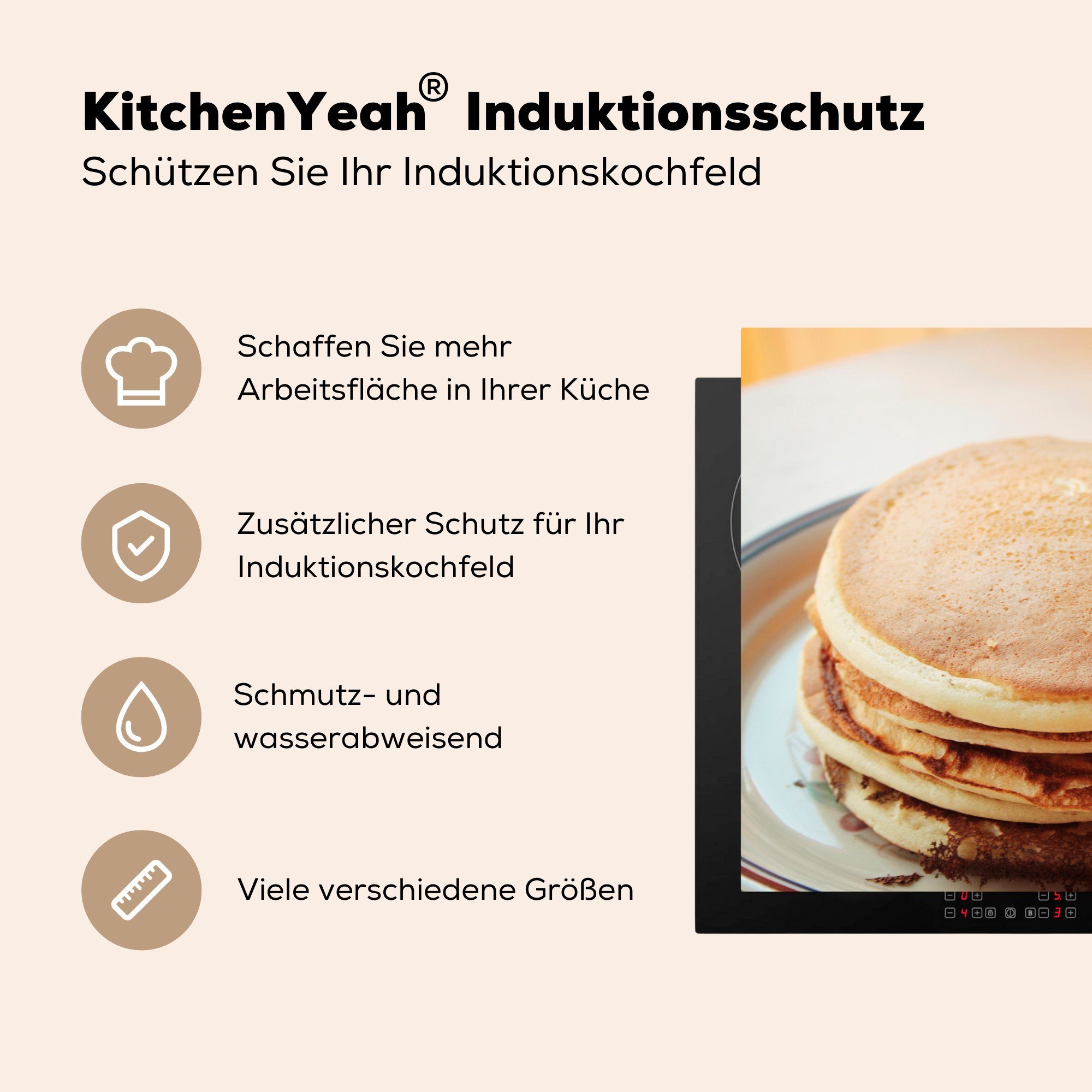 einem Teller, Pfannkuchen Herdblende-/Abdeckplatte tlg), cm, für auf 81x52 Schutz die küche, (1 Vinyl, Ceranfeldabdeckung Induktionskochfeld Aufgetürmte MuchoWow