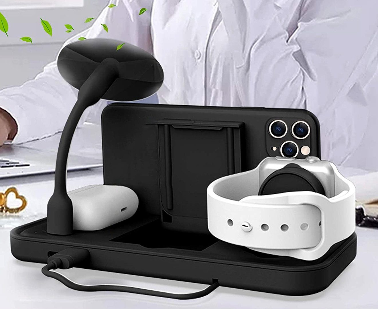 NEWQI Faltbare 3-in-1 Wireless Charging Station mit LED-Lampe und Ventilator Wireless Charger (2000,00 mA, Kompaktes 3-in-1 Set: Wireless Charger, USB-C Kabel,  – Bild 2 von 5