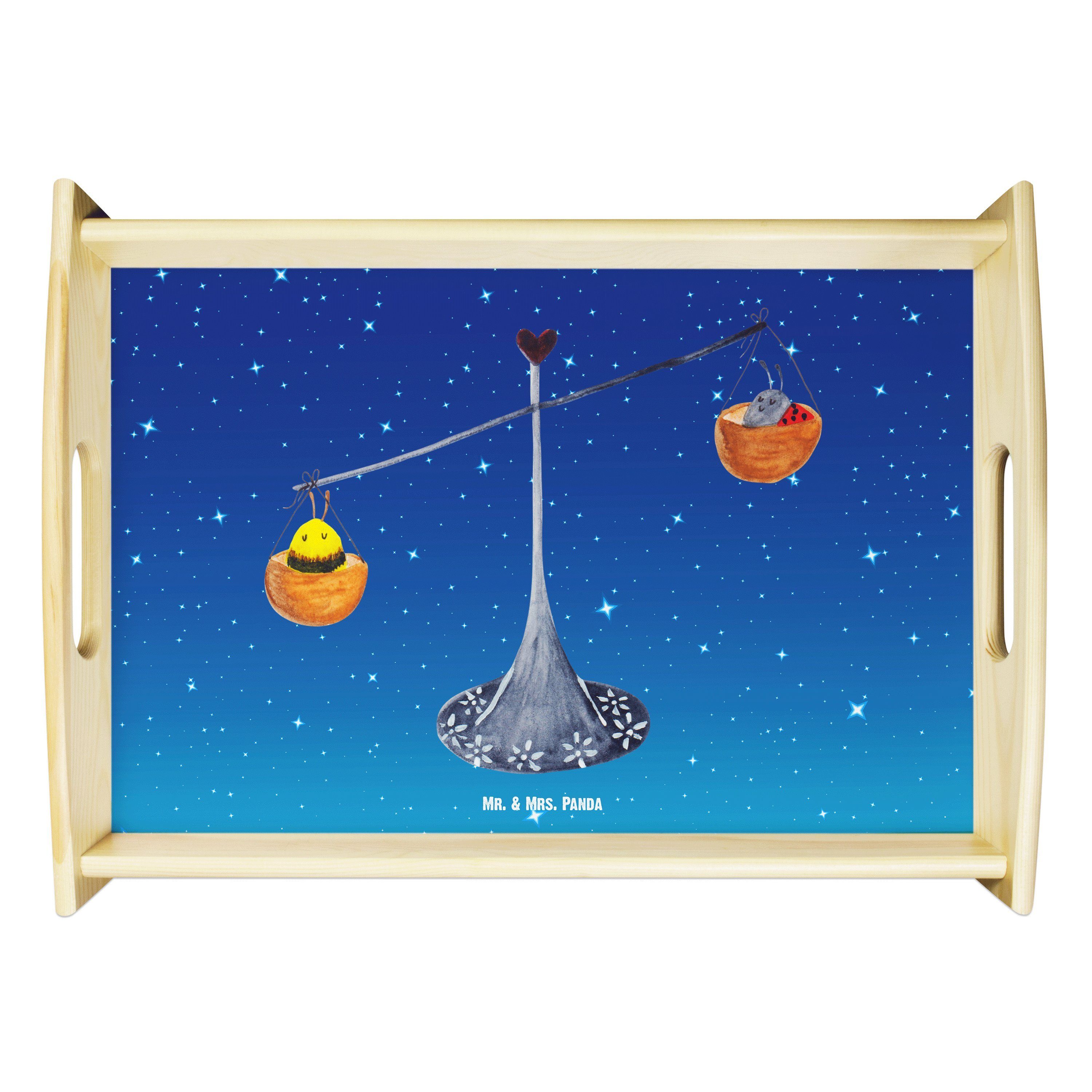 Mr. & Mrs. Panda Tablett Sternzeichen Waage - Sternenhimmel Blau - Geschenk, Astrologie, Küche, Echtholz lasiert, (1-tlg)