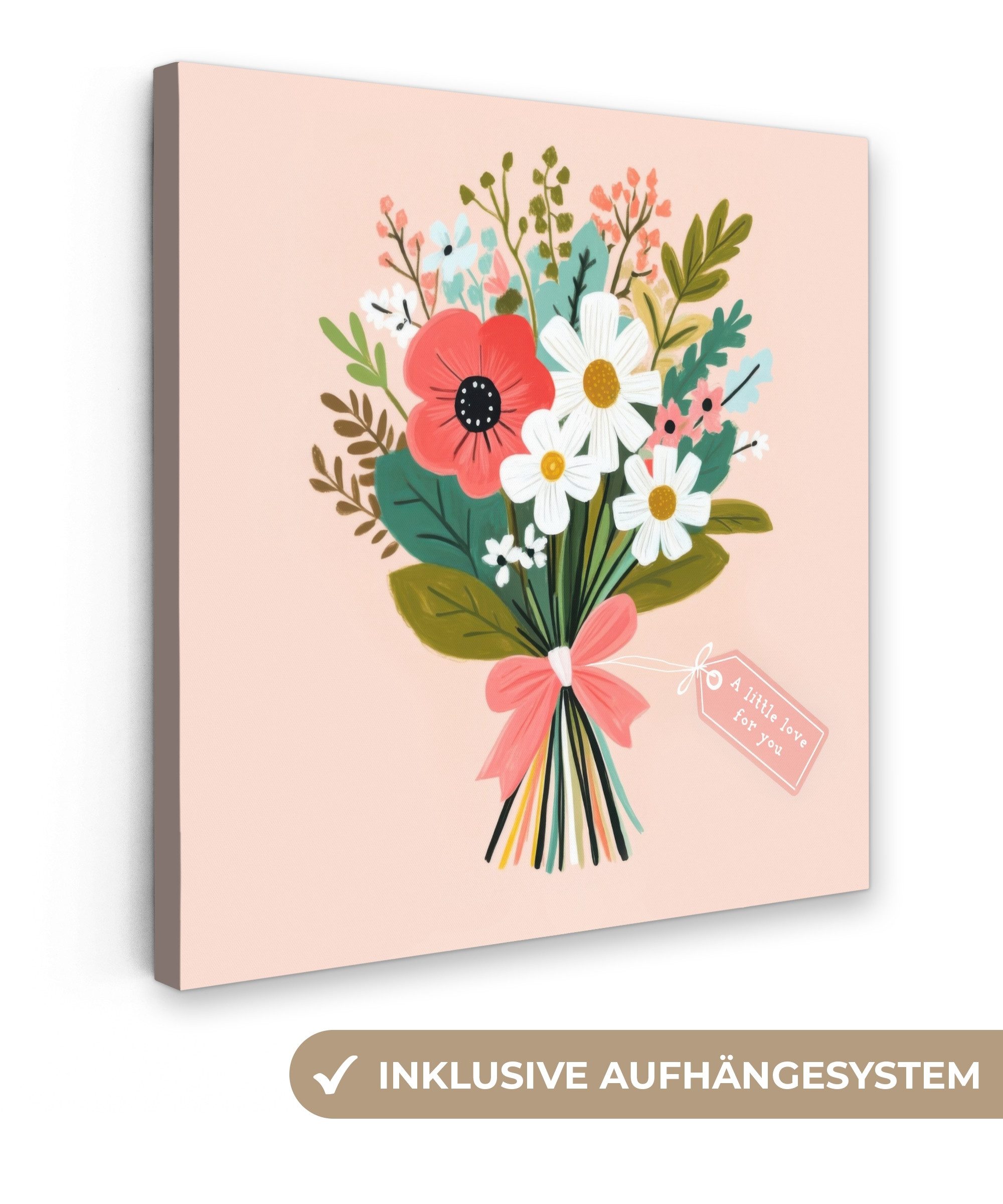 OneMillionCanvasses® Leinwandbild Blumenstrauß - Schleife - Karte - Zitat - Muttertagsgeschenk, Fotodruck (1 St), Wandbild, Deko Schlafzimmer Wohnzimmer Flur 20x20 cm
