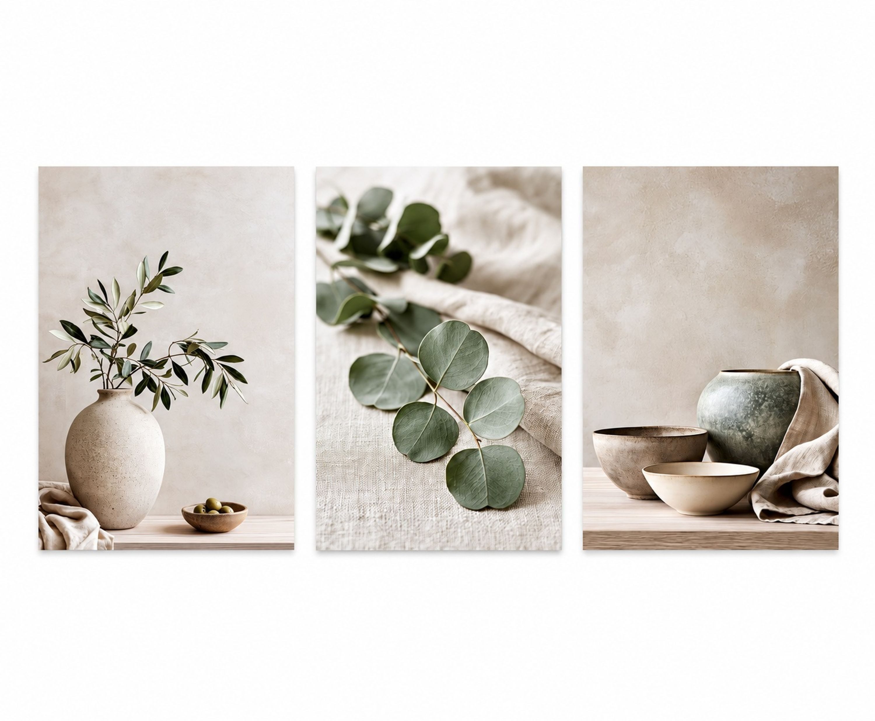 artissimo Mehrteilige Bilder Bilderset 3er-Set, Wandbilder-Set, Bilderwand, Wanddeko Japandi, Stillleben: Eukalyptus und Vasen in Beige und Grün – Bild 5 von 5