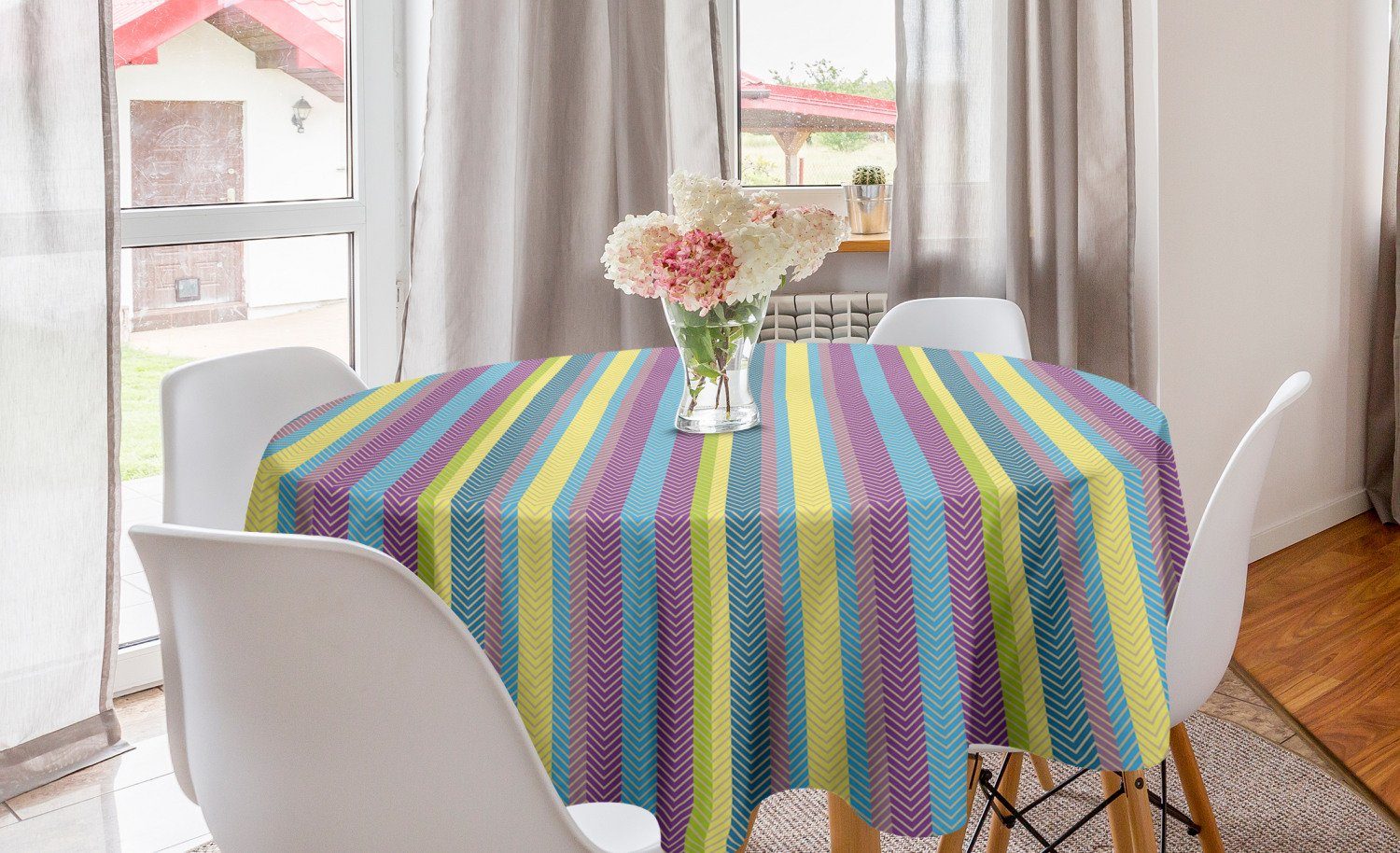 Abakuhaus Tischdecke Kreis Tischdecke Abdeckung für Esszimmer Küche Dekoration, Winkel Bunte Zickzacklinien