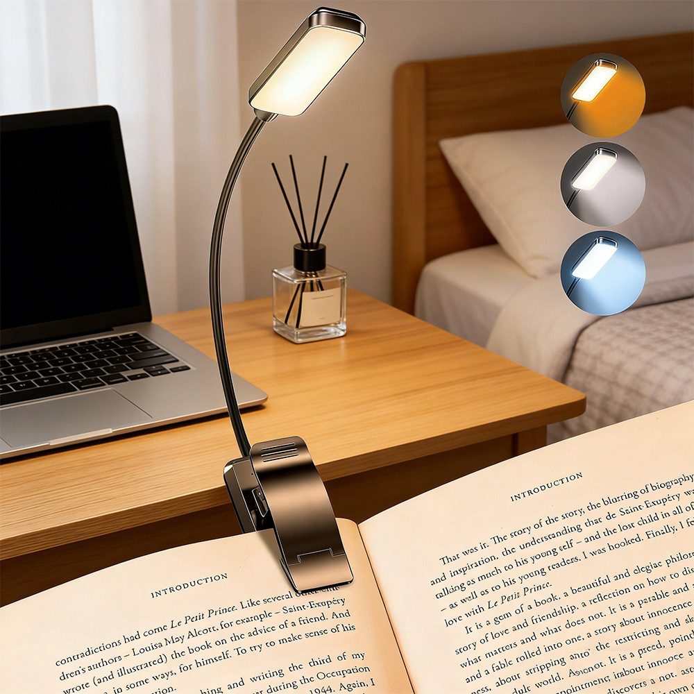 TUWENA LED Leselampe Leselampe Buch Klemme,Wiederaufladbare Buchlampe,Helligkeit Klemmlampe, 360° Flexibel Buchlampe mit 9 LEDs, 3 Farbtemperatur Modi für Bett